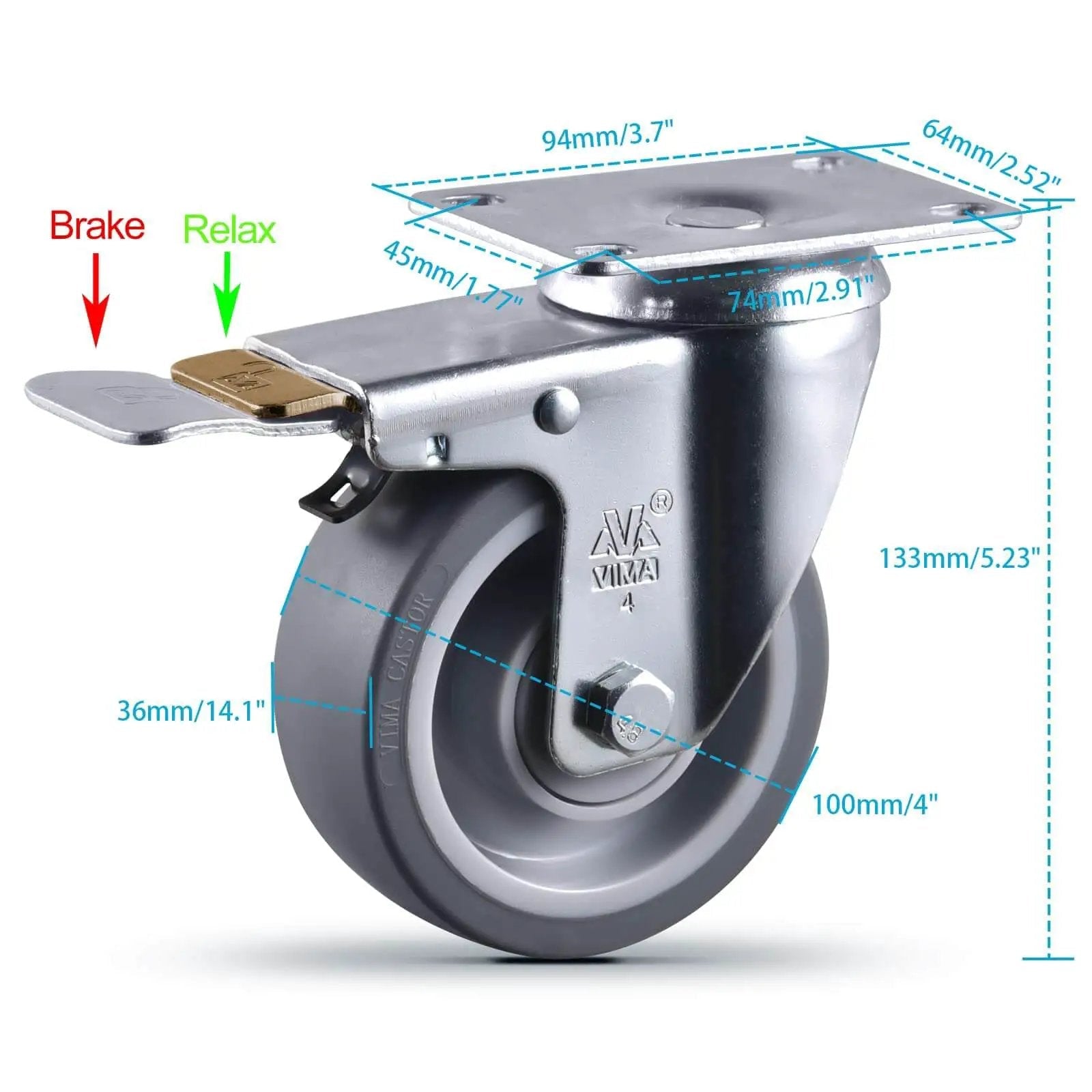 4 Inch Heavy Duty Caster Wheels With Brakes Set Of 4 2200 Lb Capacity Swivel TPR Rubber Quiet Locking Industrial Plate Casters