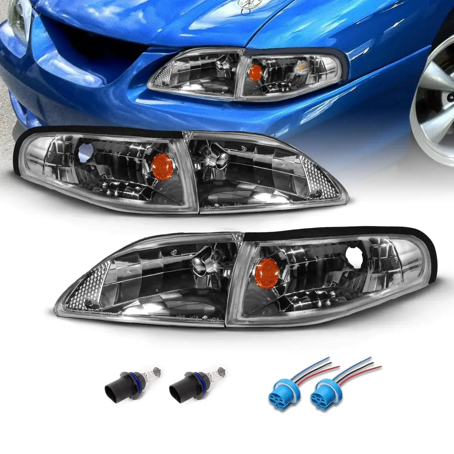 Replacement Headlights For 1994 1998 Ford Mustang Gun Metal Corner Turn Signal Set Direct Fit Driver And Passenger Side Dot SAE Approved