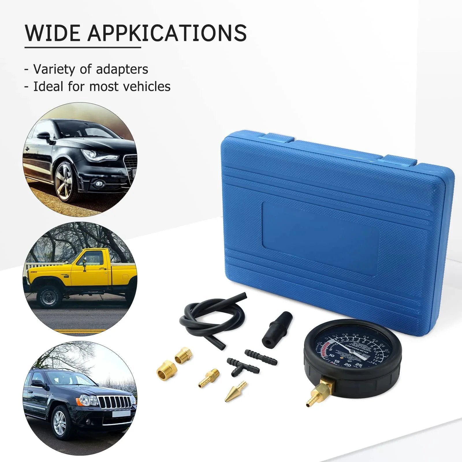 Pro Grade Vacuum And Fuel Pump Tester Gauge Kit For Car Diagnostics And Leak Detection with adapters and blue carrying case