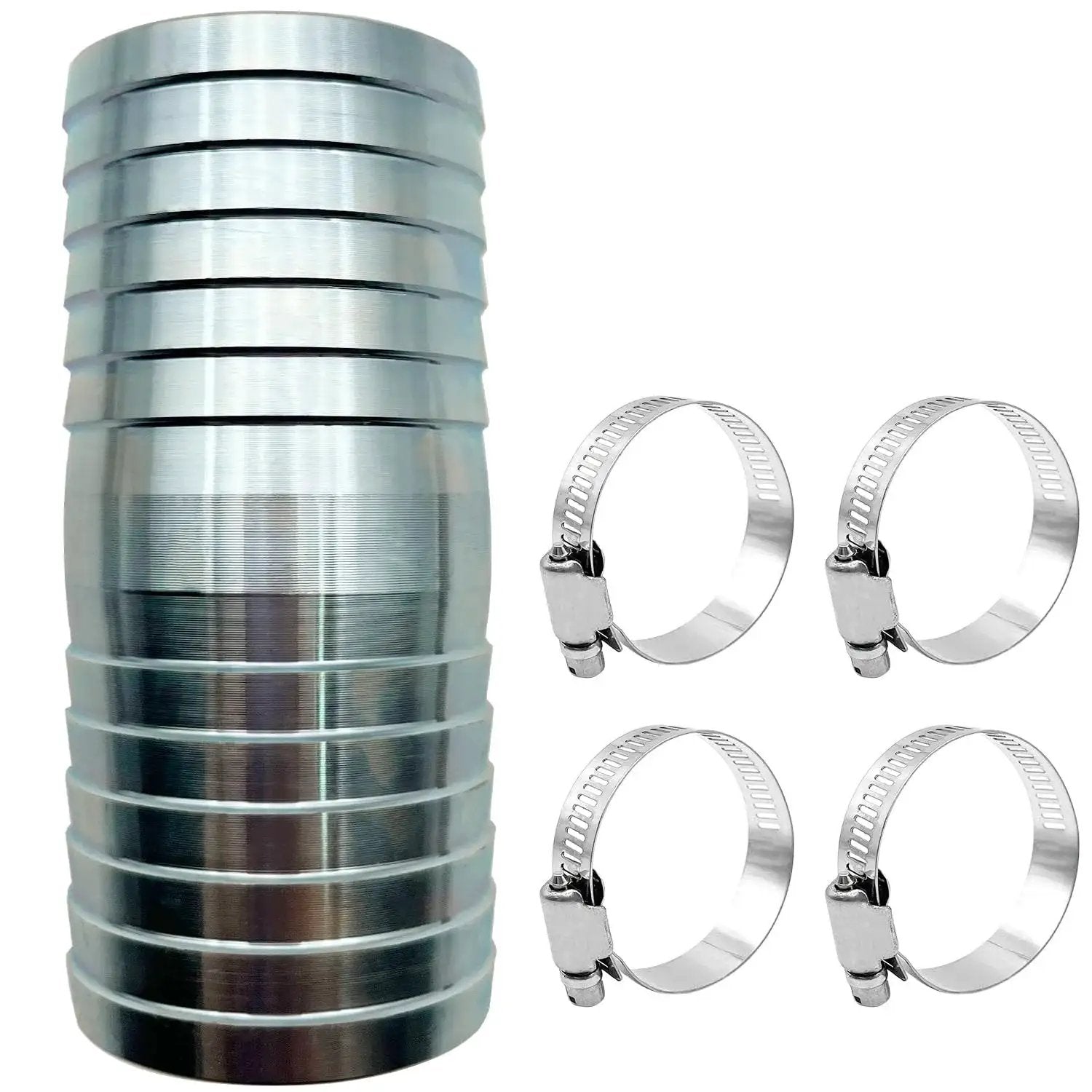 Heavy Duty Two Inch Stainless Steel Hose Barb Fitting Straight Barbed Coupler With Four Clamps For Oil And Water 304 Stainless Steel Construction