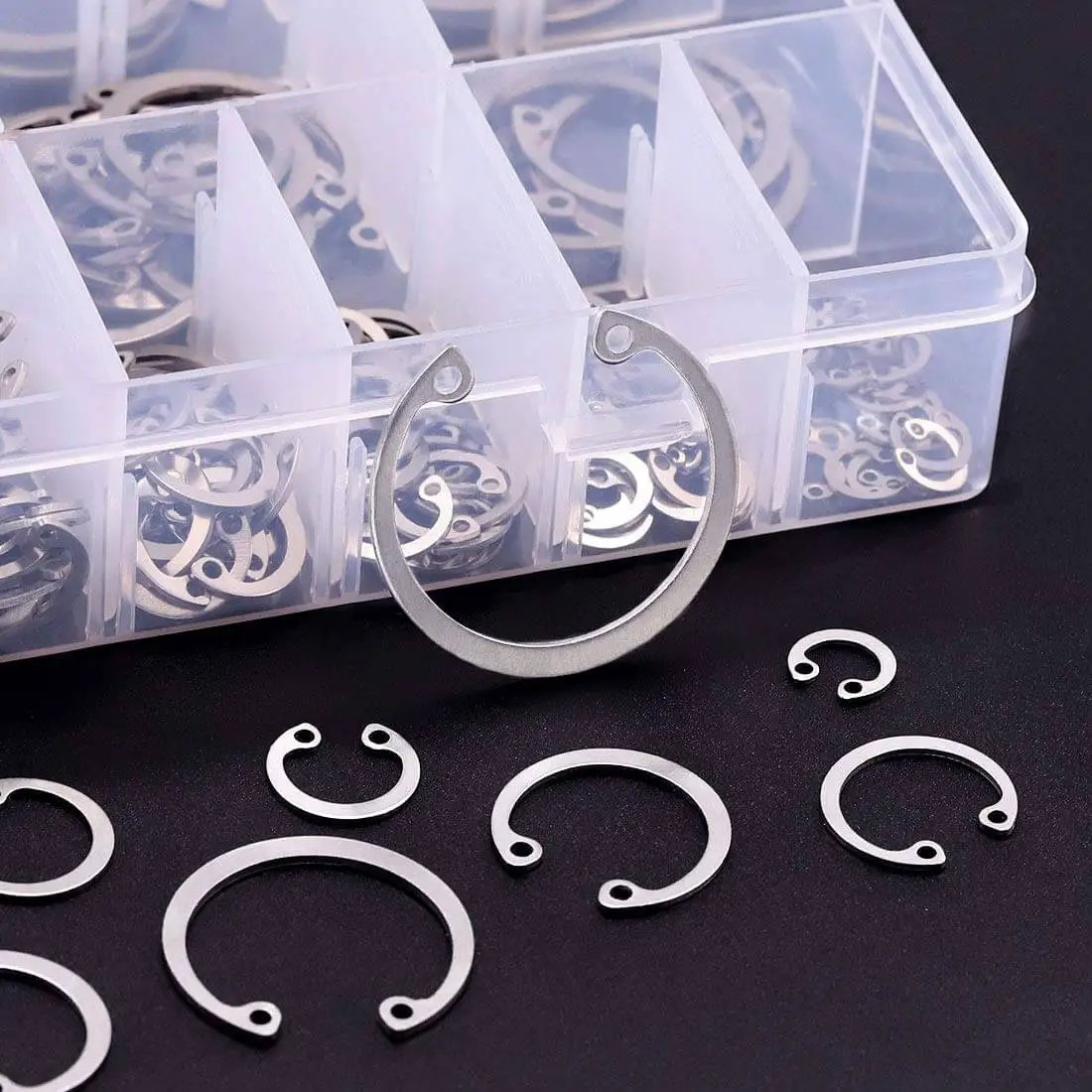 Internal Snap Ring Set 304 Stainless Steel, 200-Piece Assortment displaying various sizes of circlips in a transparent case