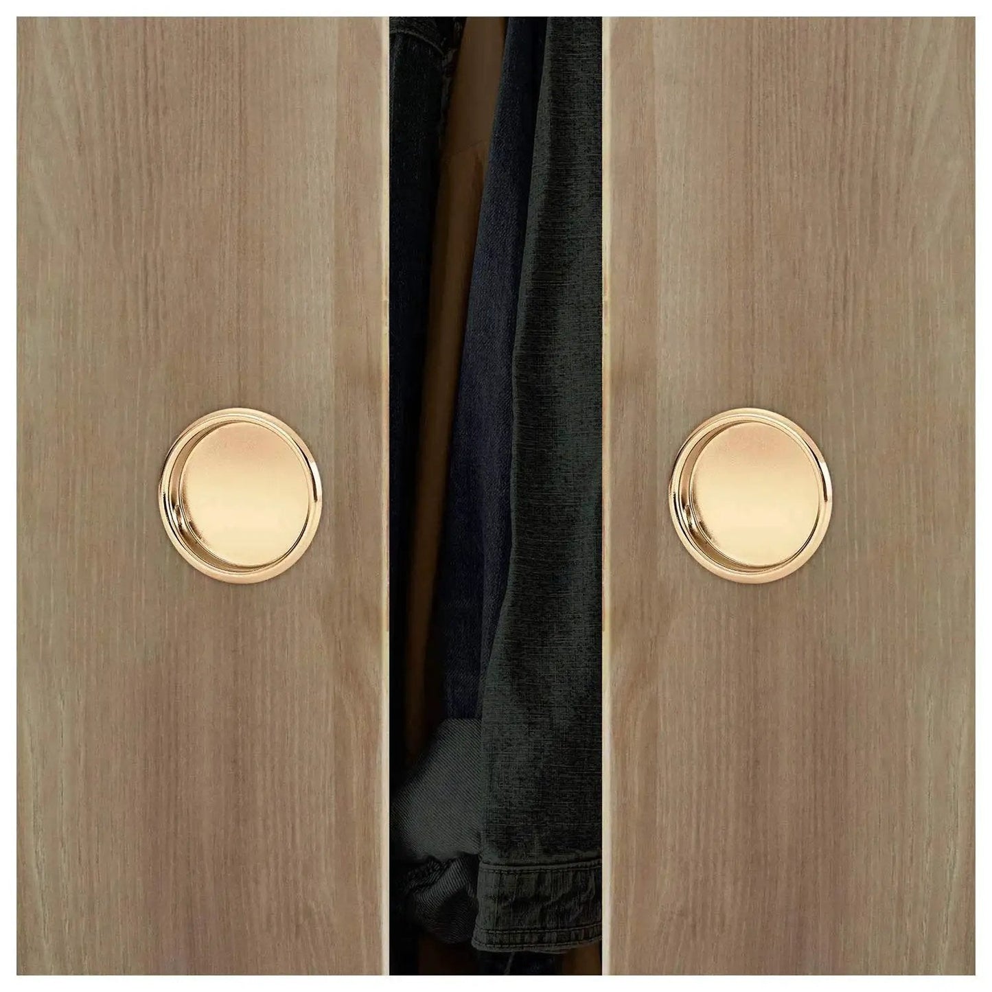 Easy Snap In Closet Door Finger Pull fits a two and one eighth inch hole, 4-Pack durable steel construction, polished brass finish installed on door