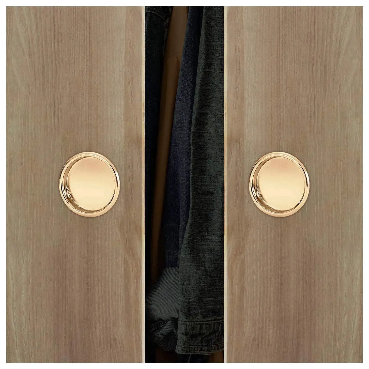 Easy Snap In Closet Door Finger Pull fits a two and one eighth inch hole, 4-Pack durable steel construction, polished brass finish installed on door