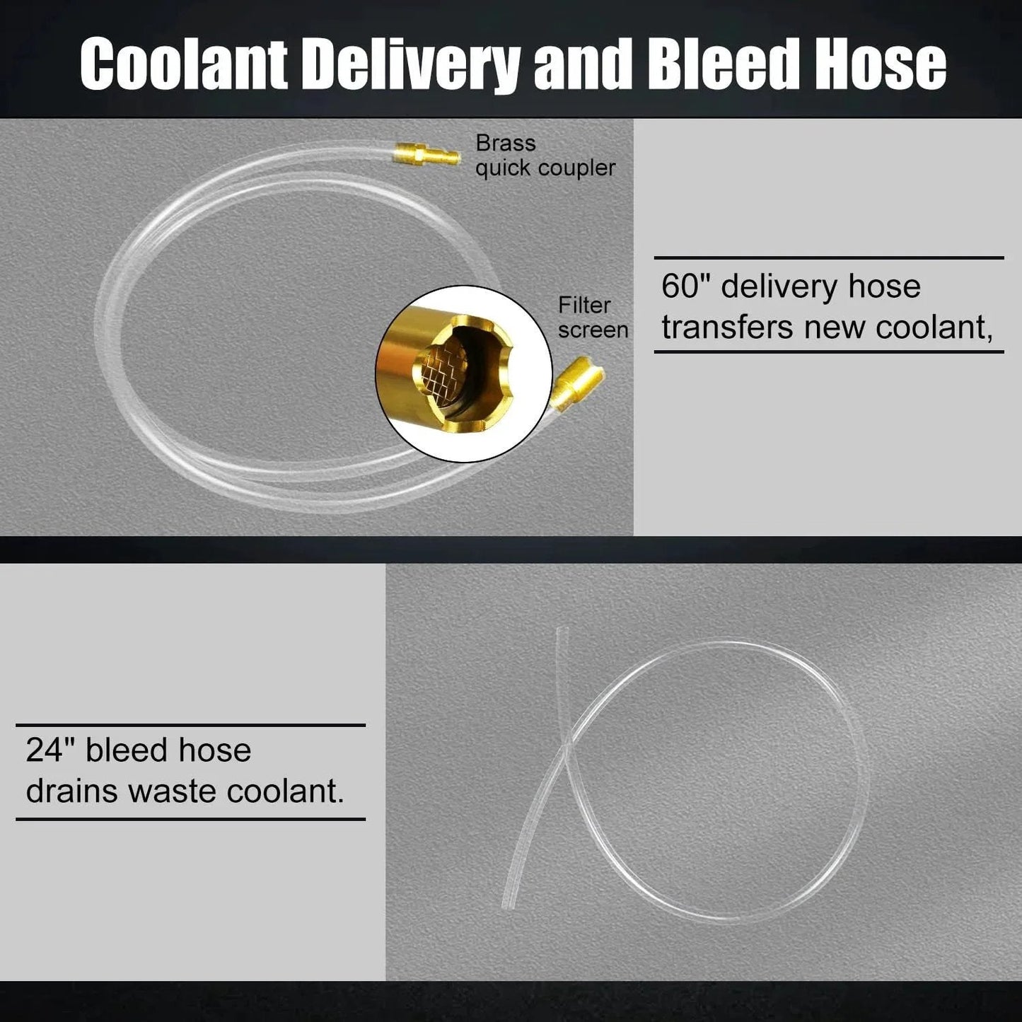 Automotive Radiator Pressure Tester And Coolant Vacuum Refill Kit 60" hose for coolant delivery and 24" hose for bleed