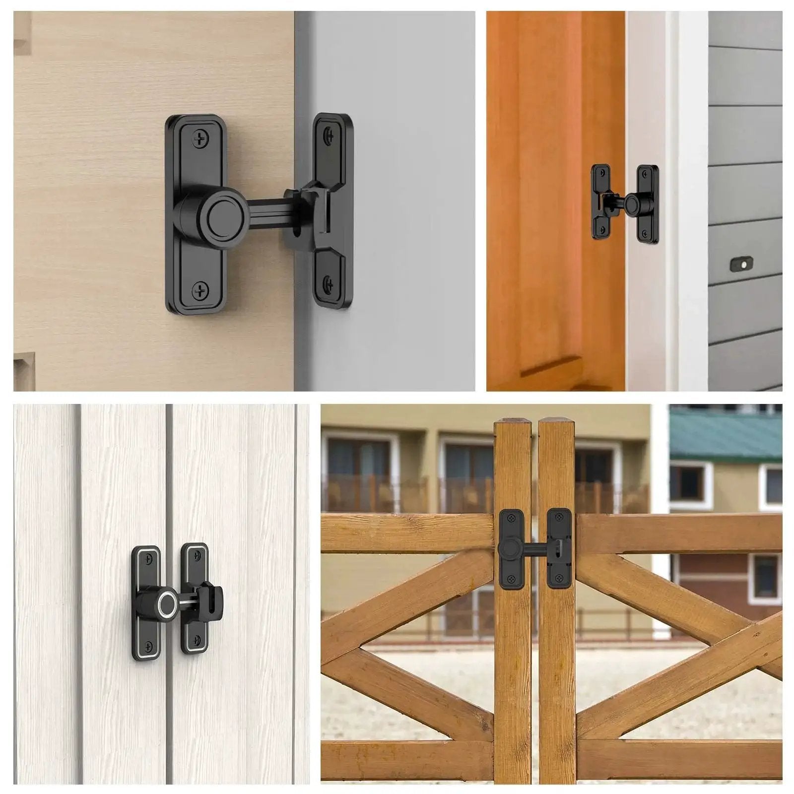 Sliding Barn Door Lock Hardware With 2-In-1 Keyless Entry And 90/180 Degree Mounting installed on various doors in black.