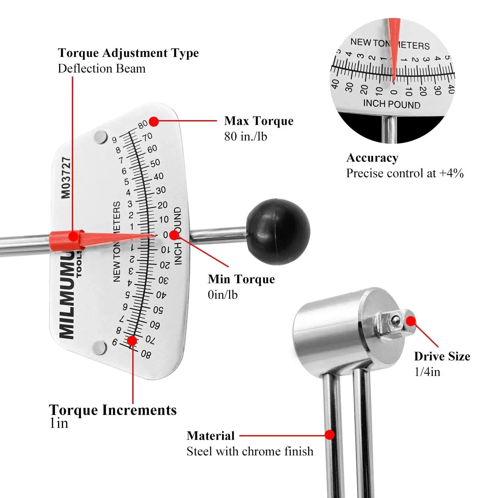 Diagram of the Quarter Inch Drive Beam Torque Wrench Dual Direction Precision Instrument with features highlighted