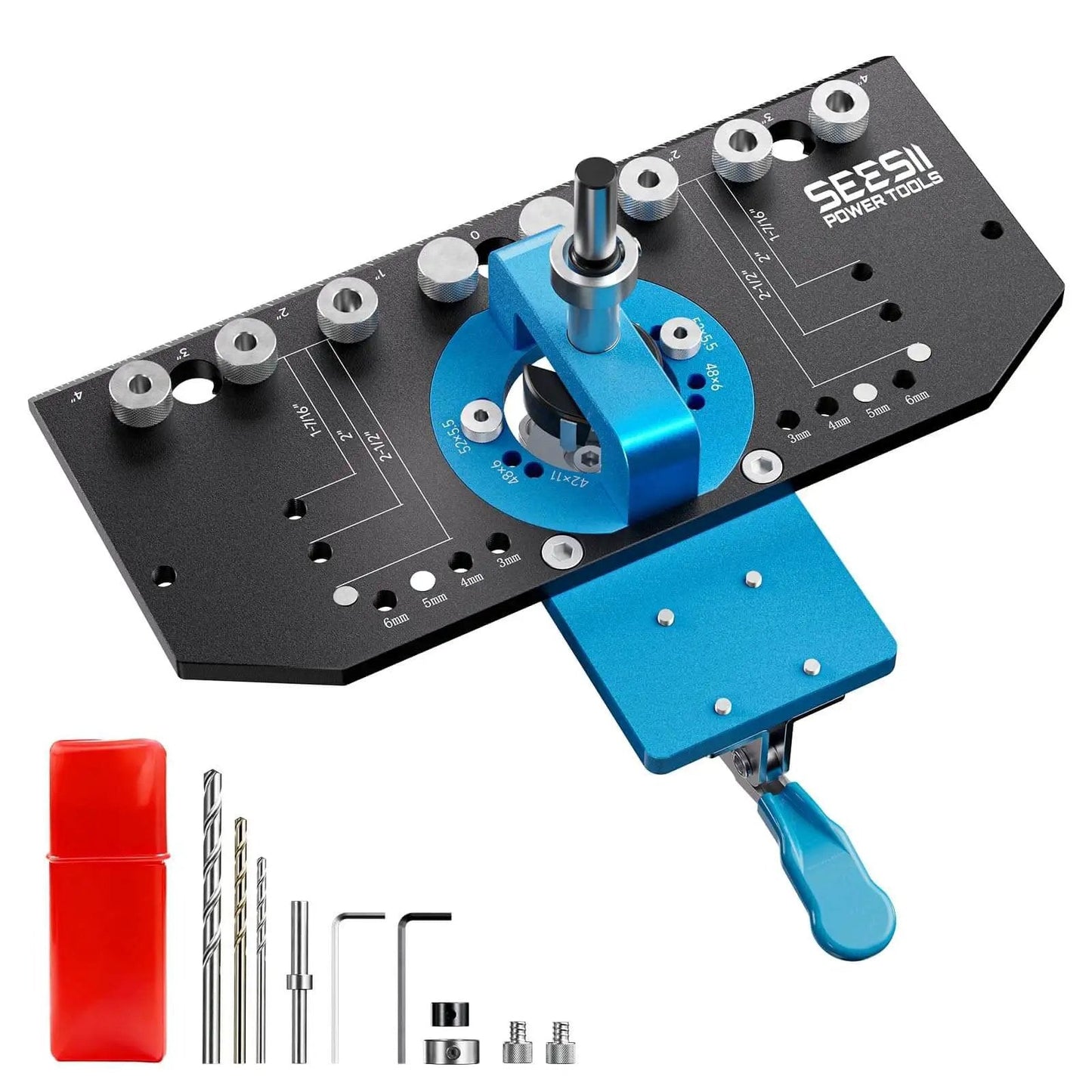 Three In One Cabinet Hardware Jig Made From Aluminum Alloy For 35mm Concealed Hinges With 5mm And One Quarter Inch Shelf Pin Holes