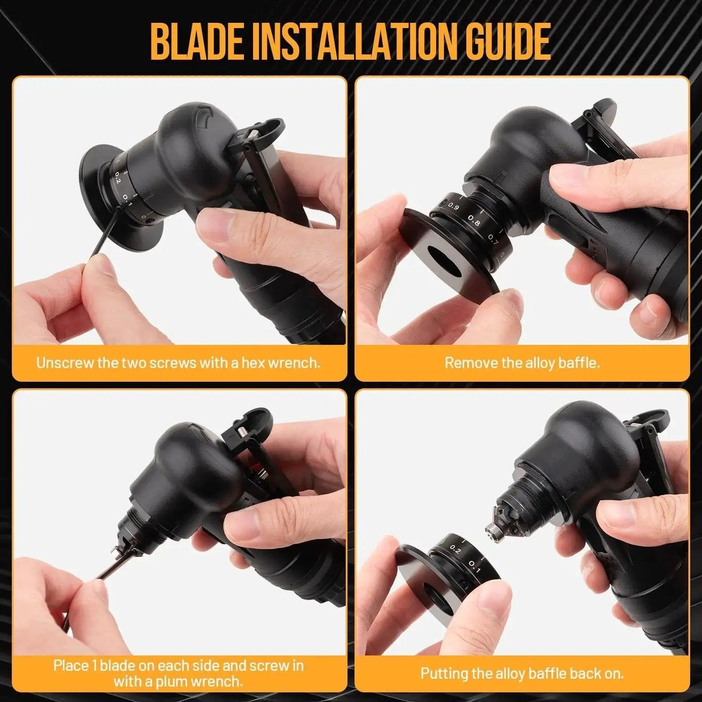 Blade installation process for Pneumatic Chamfering Tool With 6 C Angle And 6 R Angle Blades For 45 Degree Bevels And Radius Edges