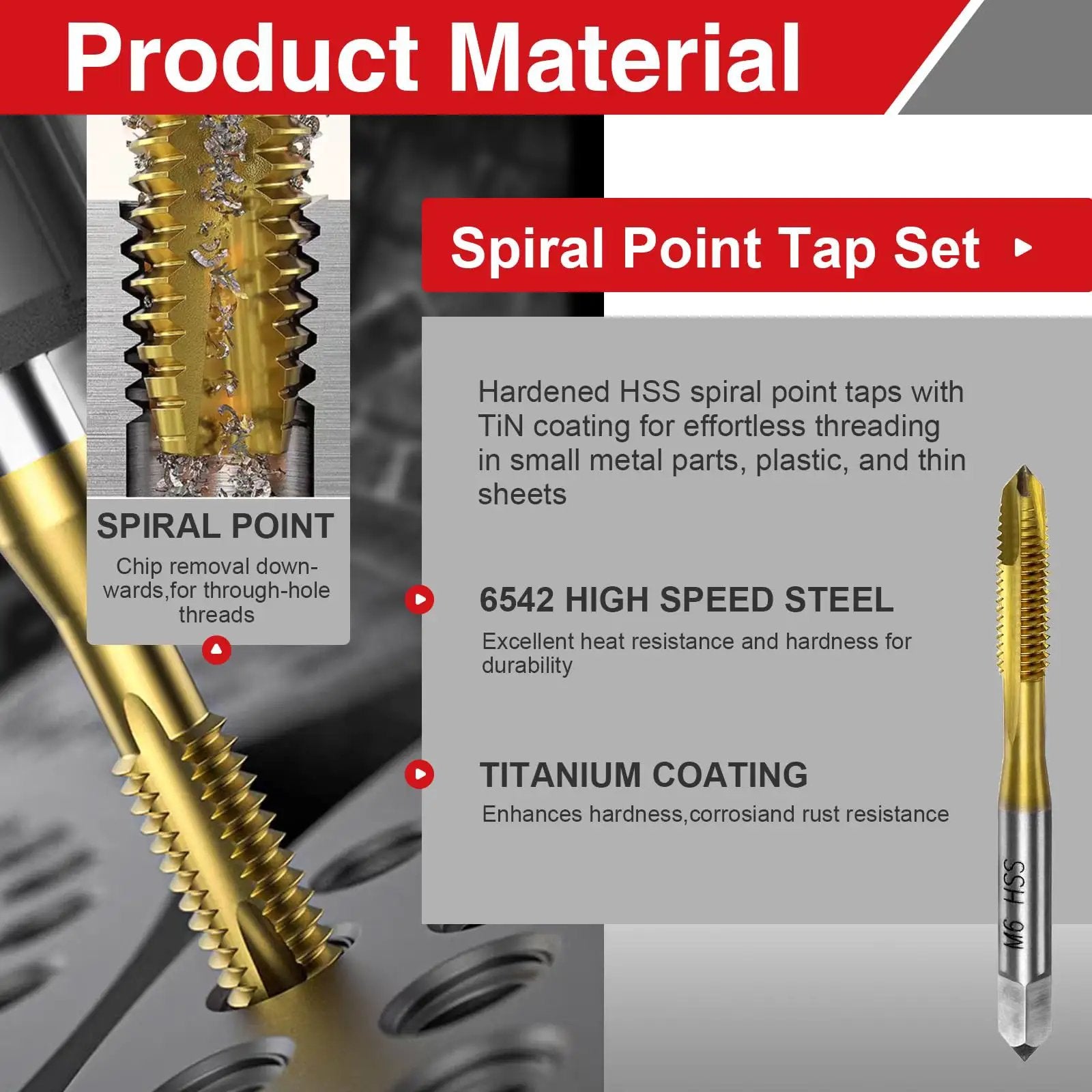 Close-up of 7 Piece Spiral Point Tap Set M2 to M6 Titanium Coated High Speed Steel 6542 for precision metal threading
