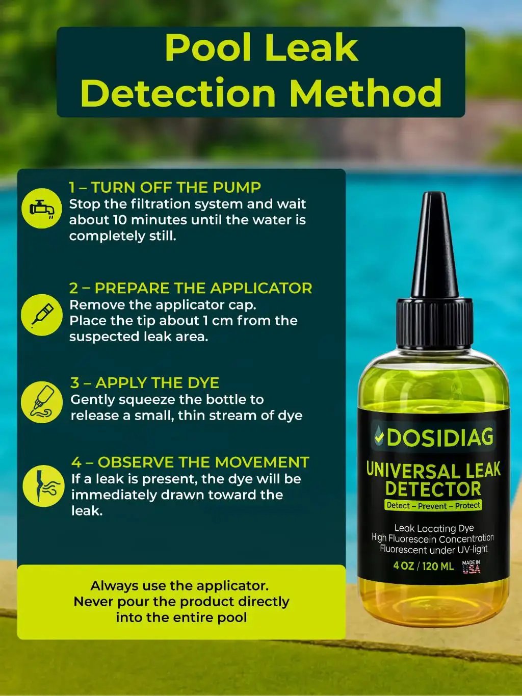 Universal Leak Detector Tracer Dye For Pools Spas Plumbing Roofs And Cars With High Visibility And 100 Percent UV Compatible Formula Bottle
