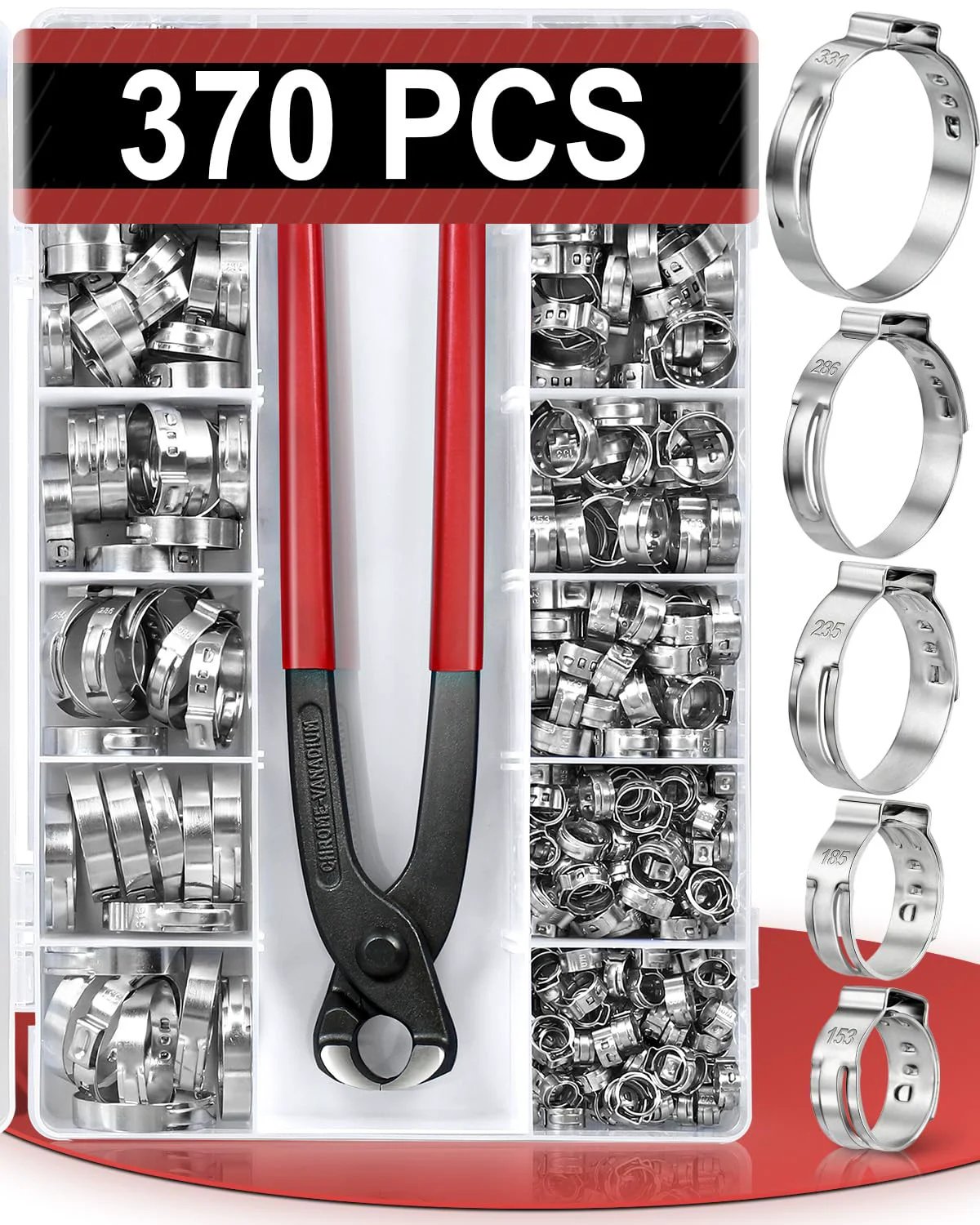 Pro Grade 370 Piece Hose Clamp Set With 15 Sizes From 5.3 To 33.1mm Single Ear No Sharp Edges Crimp Clamps In 304 Stainless Steel Stepless Adjustable Cinch For Auto Plumbing Appliances And Industrial Use In Organized Plastic Case visible with pliers in plastic case