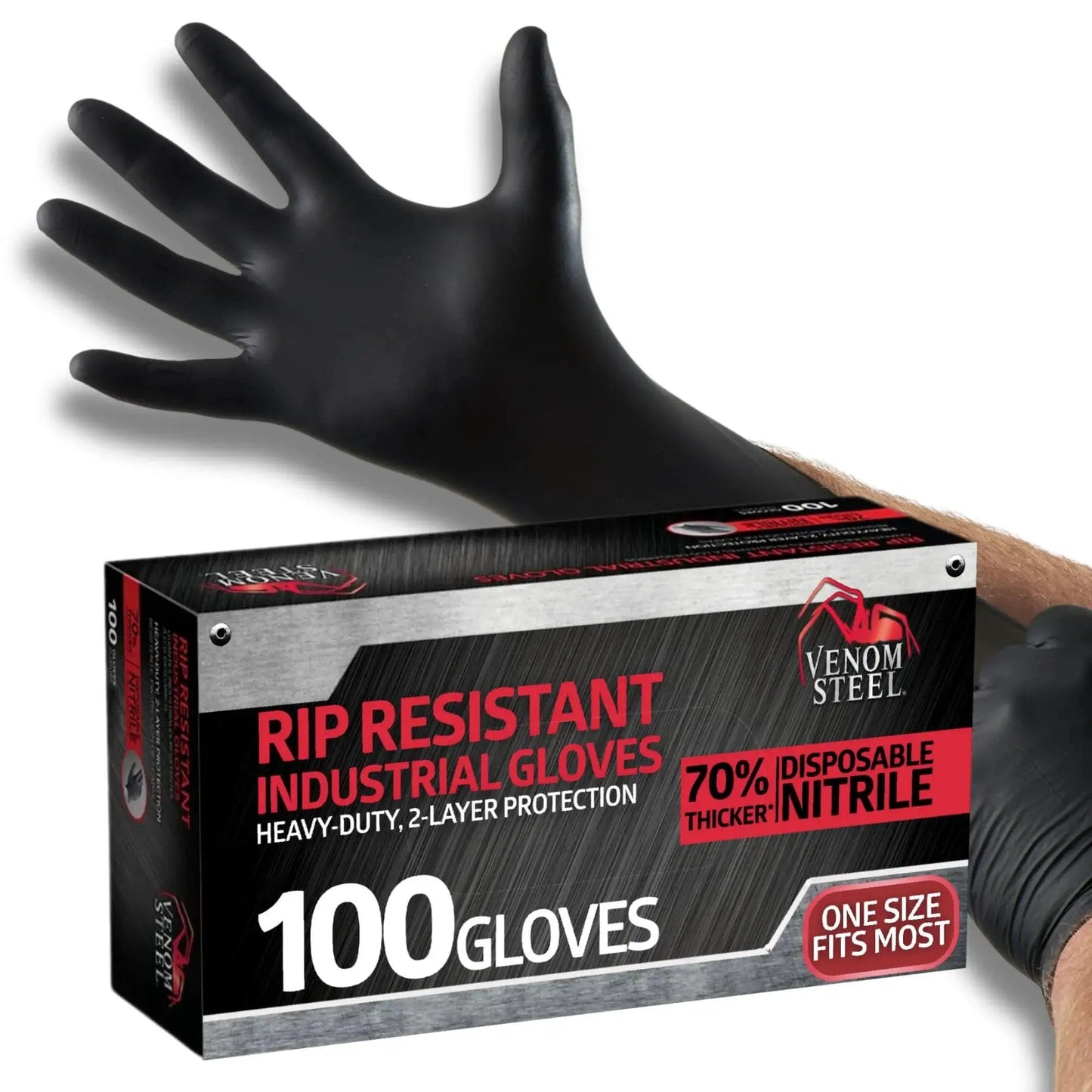 Industrial Nitrile Gloves 6 Mil Two Layer Rip Resistant 100 Count packaging with black glove being worn