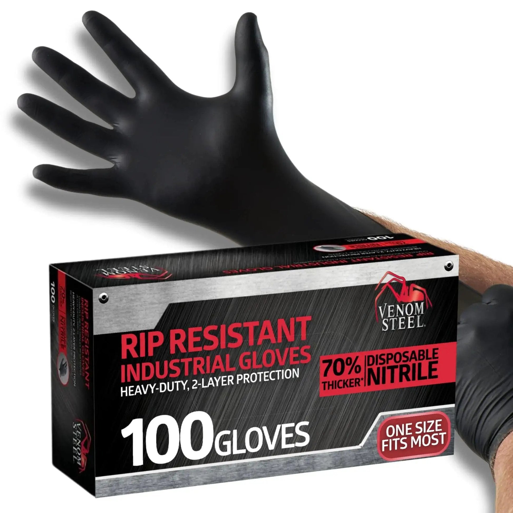 Industrial Nitrile Gloves 6 Mil Two Layer Rip Resistant 100 Count packaging with black glove being worn