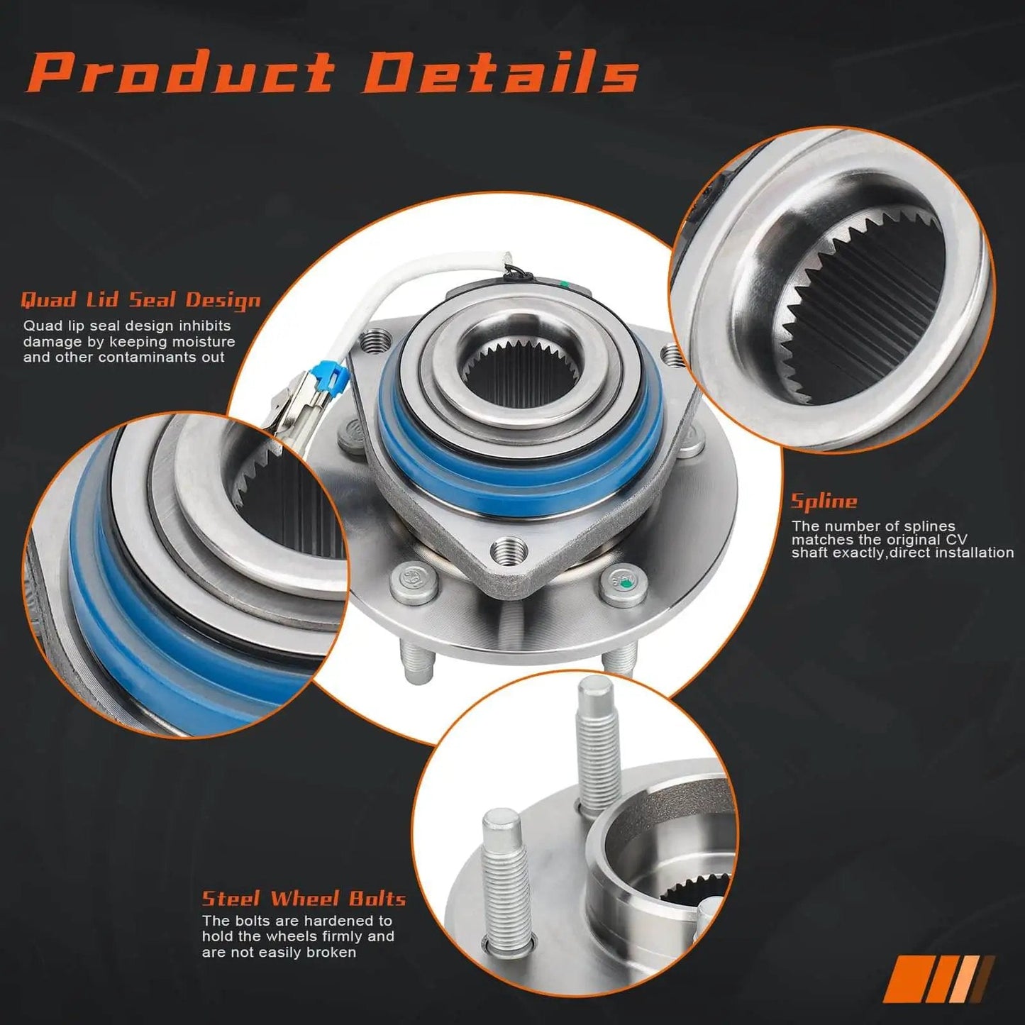 Details of Pair Front Wheel Hub & Bearing Assembly 5-Lug w/ ABS for Chevy Impala and others, including seals and bolts features.