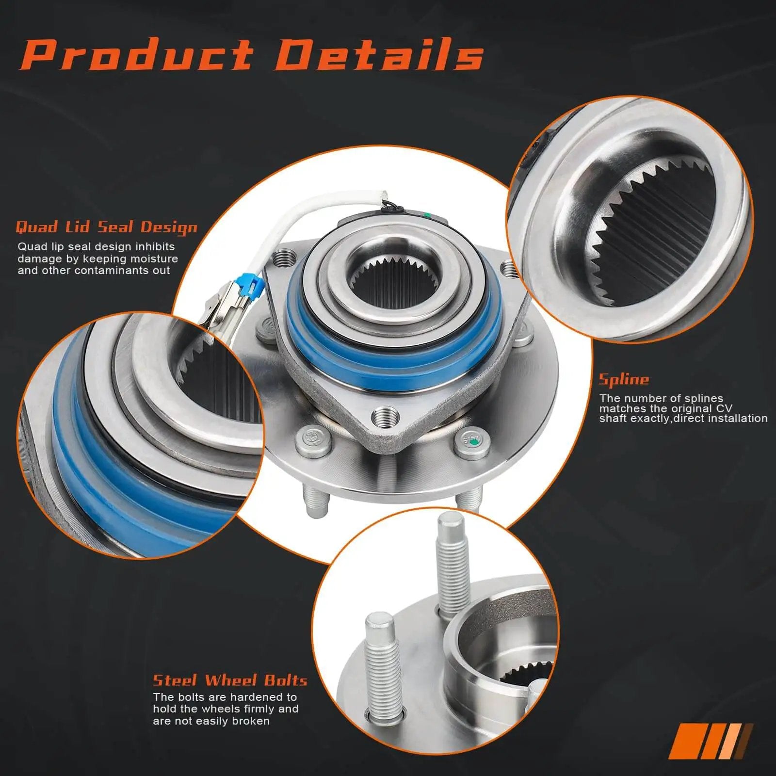 Pair Heavy Duty Front Wheel Hub & Bearing Assembly 513121, 5-Lug w/ABS product details with quad seal design and spline