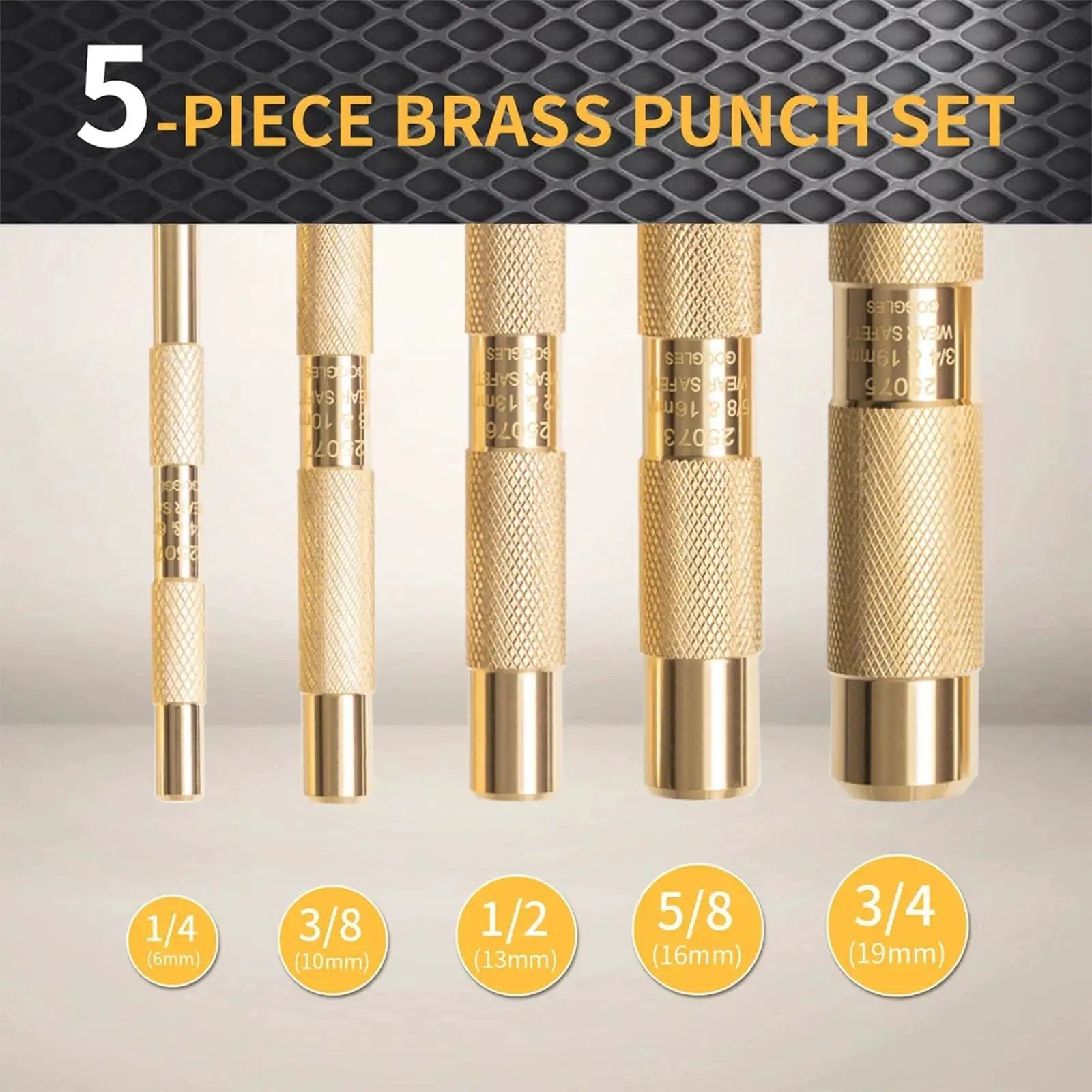 Image of a Five Piece Brass Punch Set For Non Marring Removal And Repair With Pins In One Quarter, Three Eighths, One Half, Five Eighths, Three Quarters Inch Pins