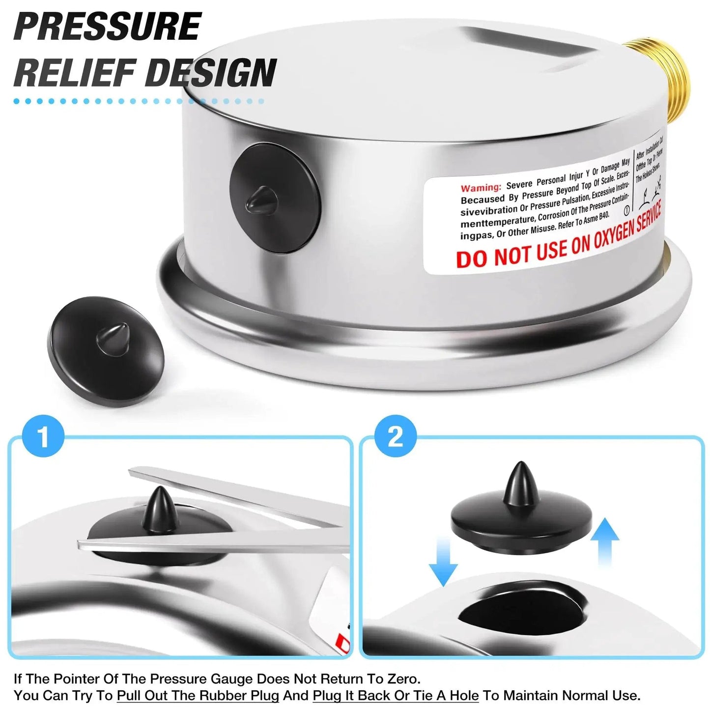 Pressure relief design for Stainless Steel Liquid Filled Pressure Gauge With 2.5 Inch Dial Face, 0 To 100 Psi And 0 To 0.7 MPa