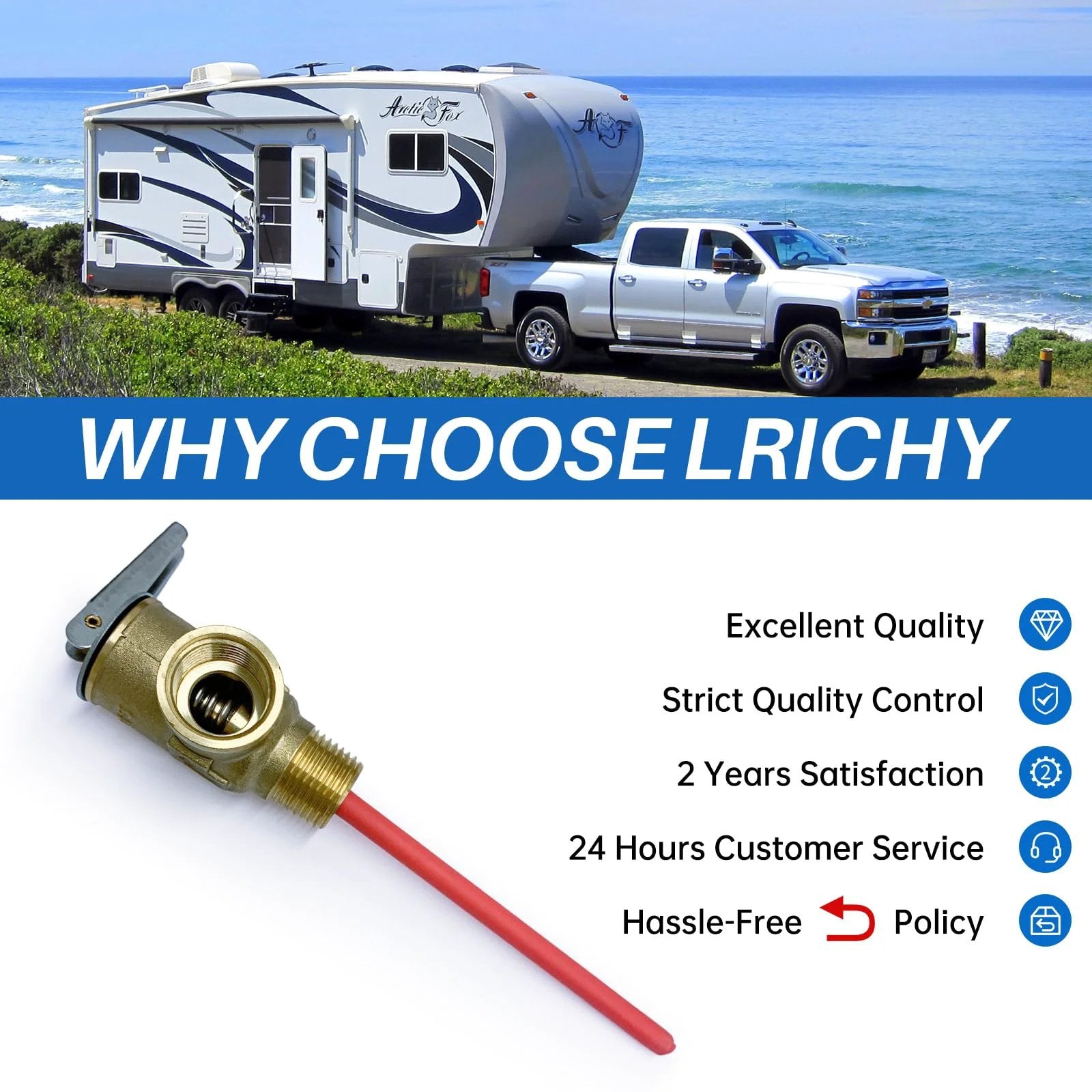 Beefed-Up Three Quarter Inch NPT Temperature And Pressure Relief Valve For RV Water Heaters And Tanks with Extended Probe brass