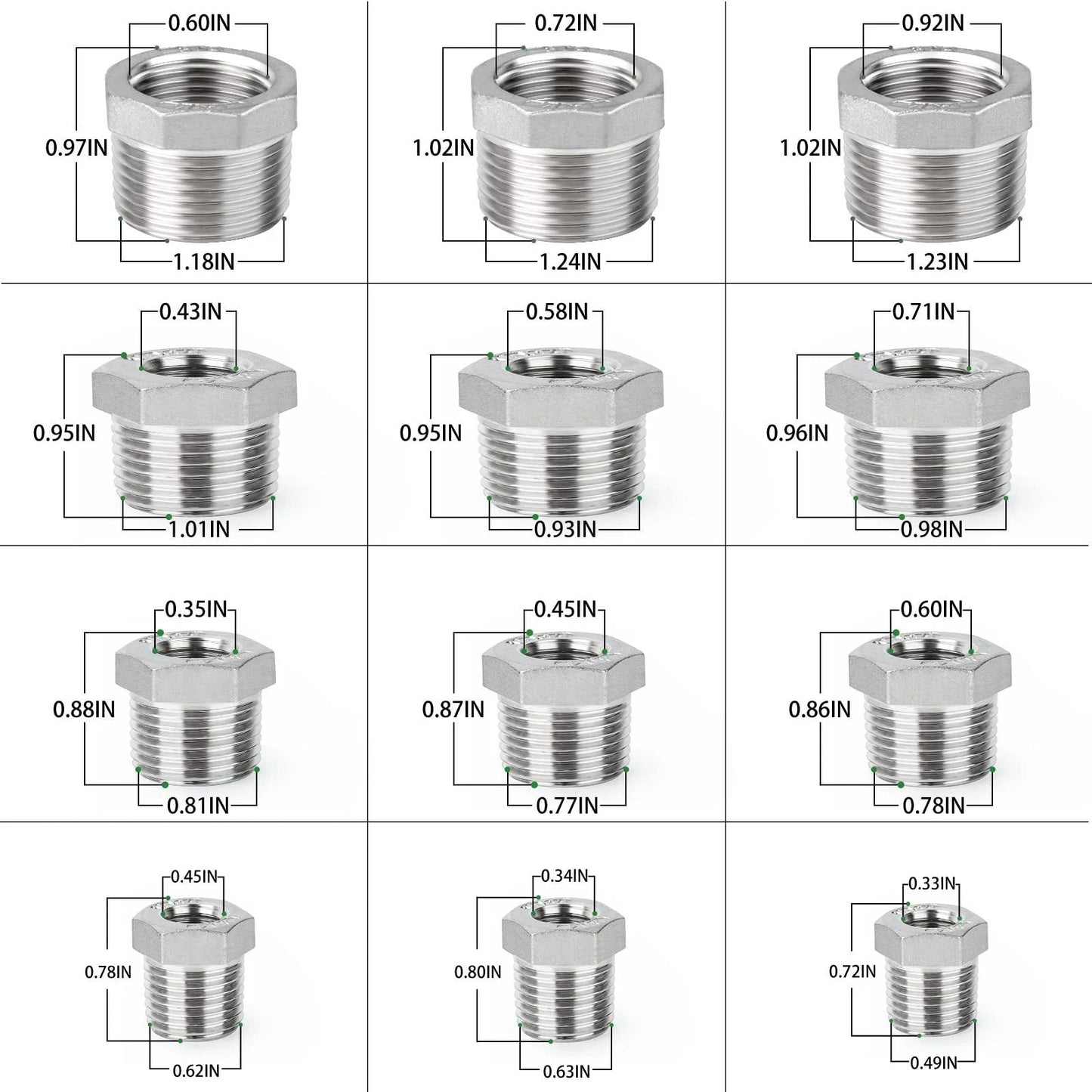 Pro Grade 24 Piece Reducer Hex Bushing Fitting Kit In 304 Stainless Steel for Pipe Thread Adapters, size diagram shown.