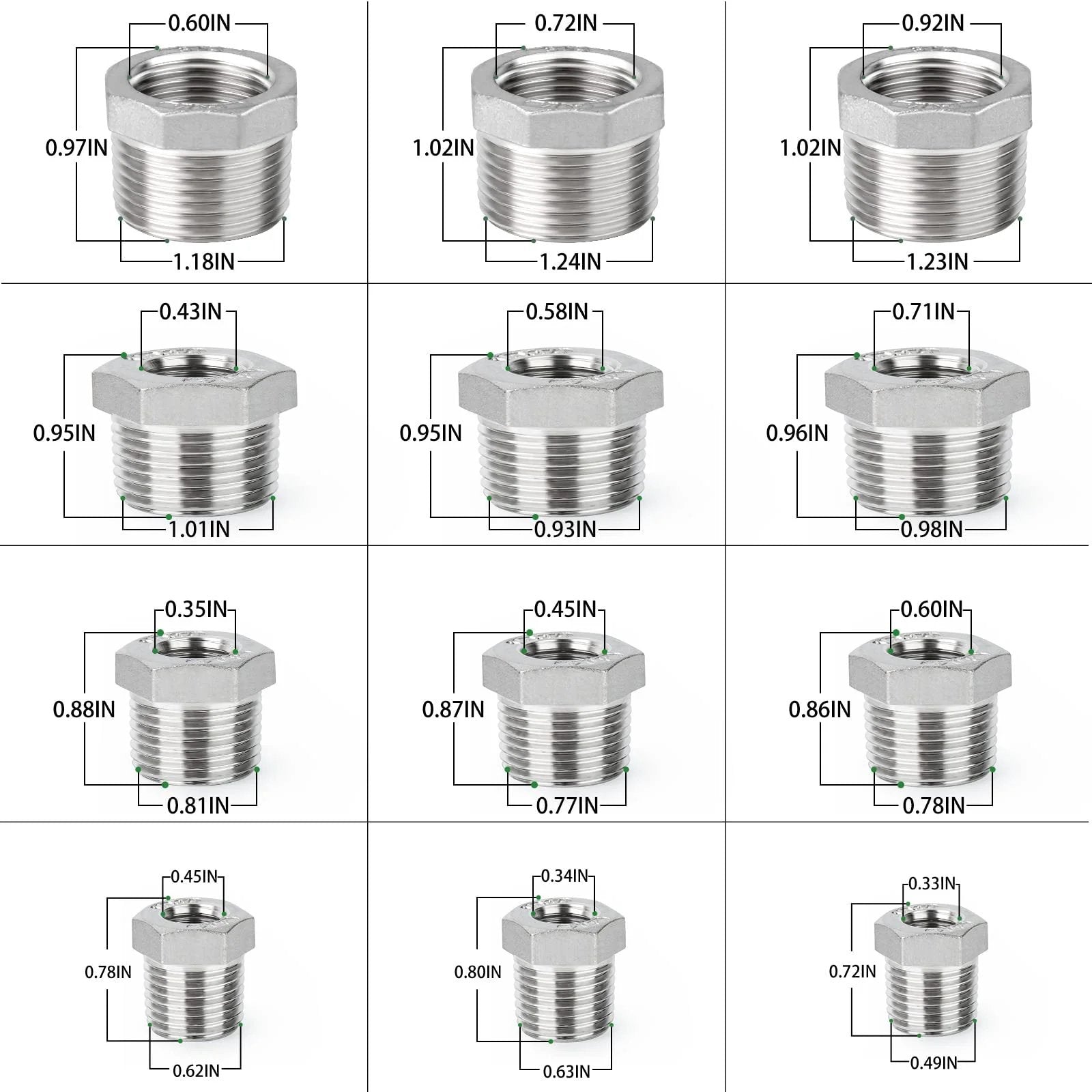 Pro Grade 24 Piece Reducer Hex Bushing Fitting Kit In 304 Stainless Steel for Pipe Thread Adapters, size diagram shown.