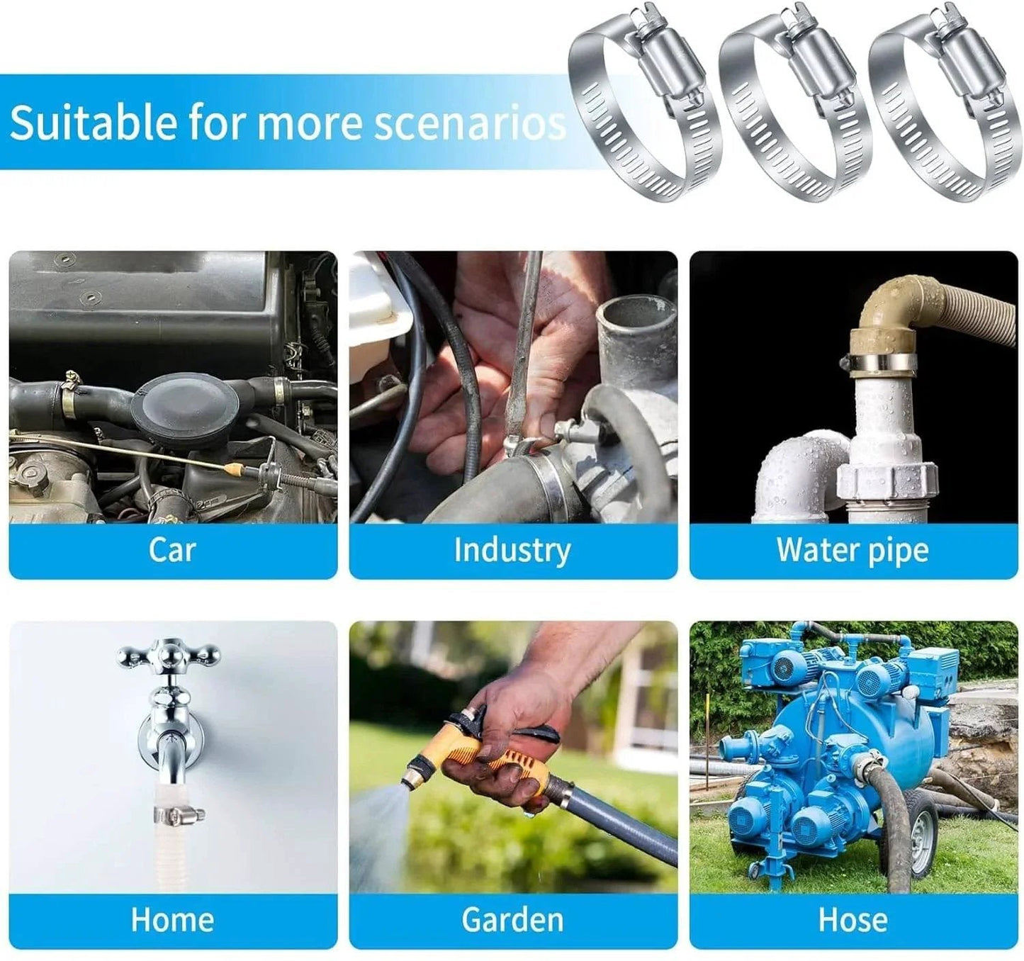 20Pcs Adjustable Stainless Steel Hose Clamps Assortment Kit For One Quarter Inch To Two Inch Clamps in various applications.