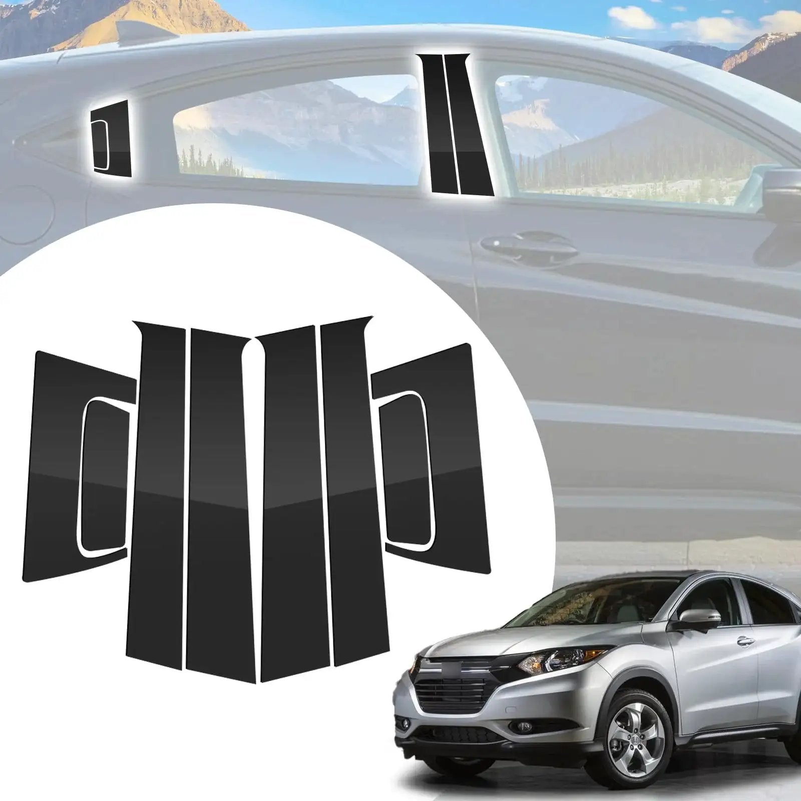 8Pcs Glossy Black Exterior Pillar Trim Covers and Stickers for HRV 2016 to 2022 displayed on vehicle and separately