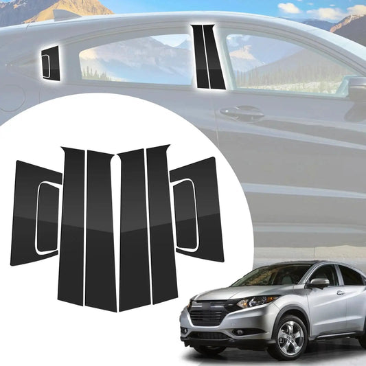 8Pcs Glossy Black Exterior Pillar Trim Covers and Stickers for HRV 2016 to 2022 displayed on vehicle and separately