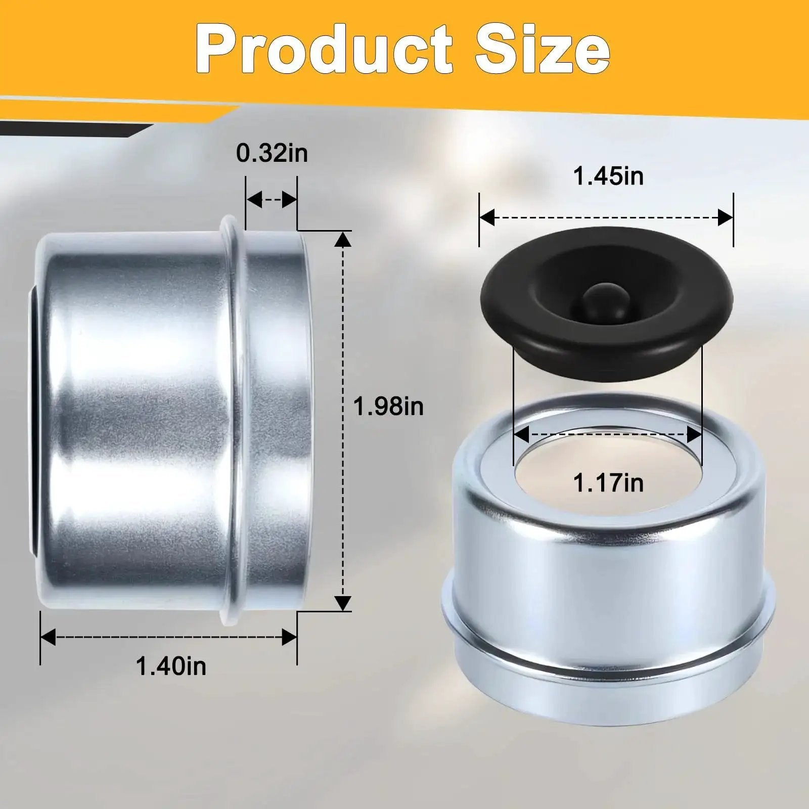 Trailer Axle Dust Cap Cup Kit 1.98 Inch Fits 2000 3500 Lbs Trailer Wheel Hubs 4 Grease Caps With 4 Extra Rubber Plugs Easy Install Dust Cover For Hub Bearing Protection AIUWIZO Pro Plus with product dimensions shown.