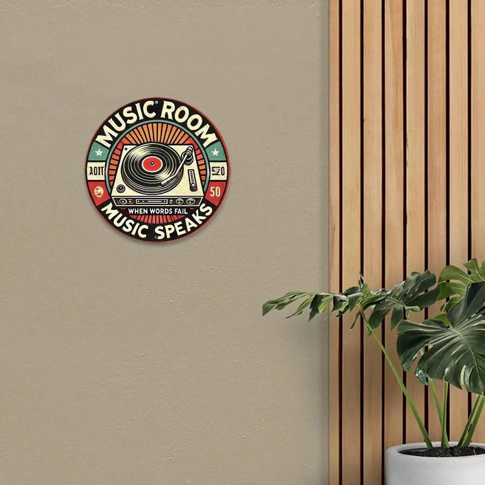 Retro Music Room Sign Featuring Turntable Design Round Aluminum Wall Art For Home Office Cafe And Yard Indoor Outdoor Decor