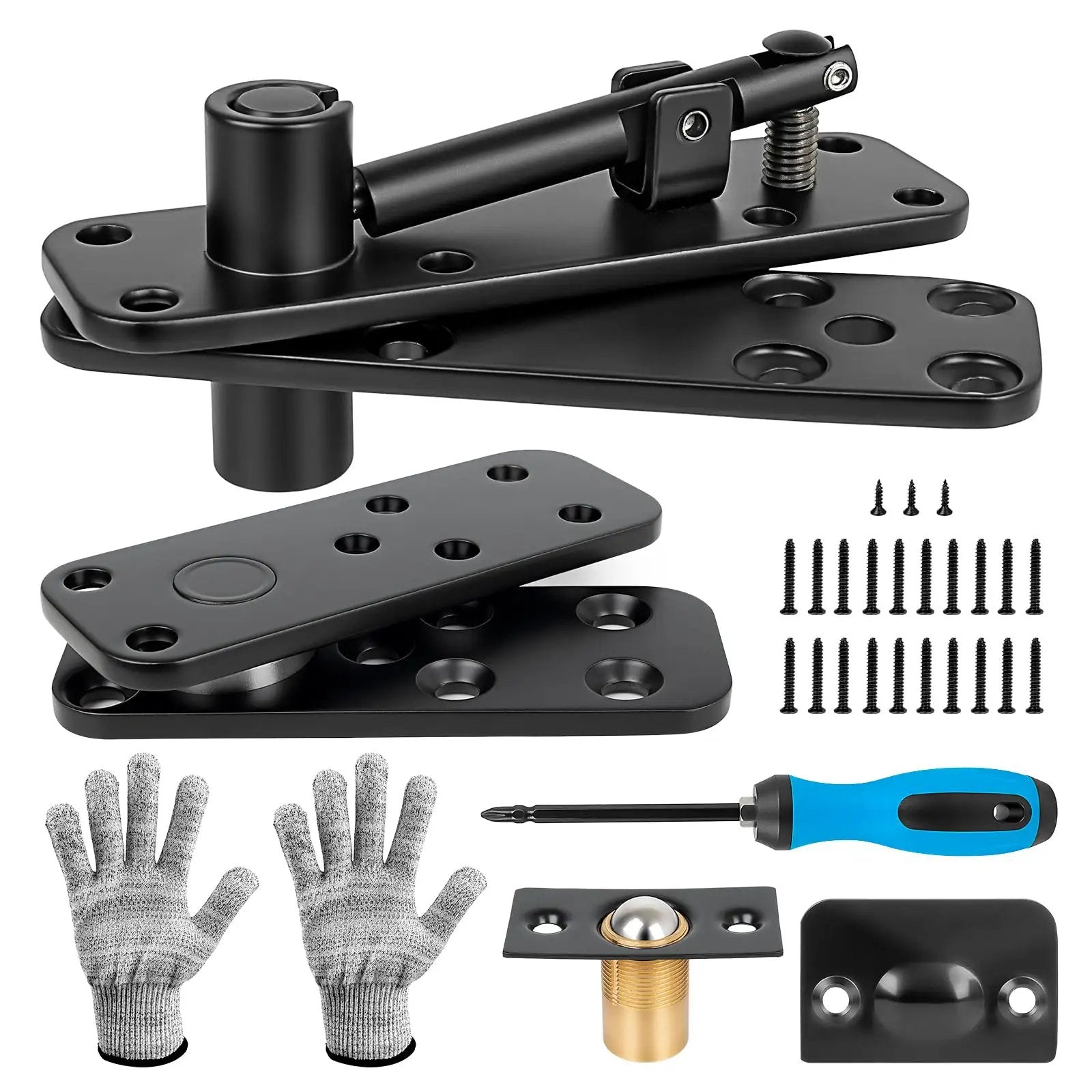 Heavy Duty Hidden Door Hinge Kit With 570 Lbs Load Bearing, 360 Degree Swing Pivot Hinge, stainless steel components shown