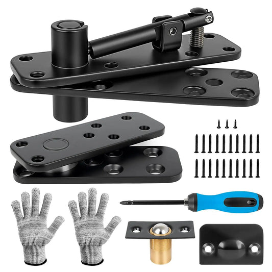 Heavy Duty Hidden Door Hinge Kit With 570 Lbs Load Bearing, 360 Degree Swing Pivot Hinge, stainless steel components shown