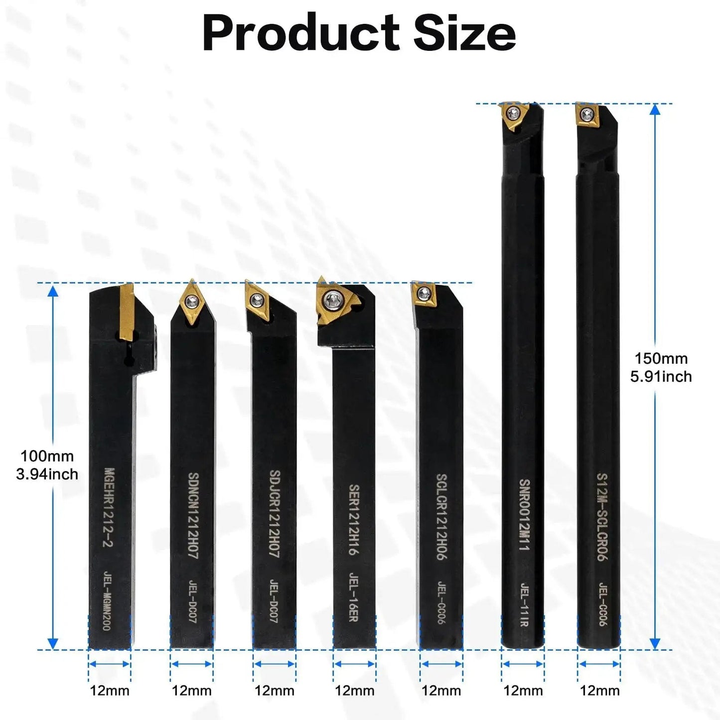 21 Piece Lathe Tool Kit With Indexable Carbide Turning Tools For Turning Grooving Threading And Boring Half Inch And Twelve Millimeter Shank Includes Seven Tool Holders And Fourteen Carbide Inserts displayed in various sizes and measurements