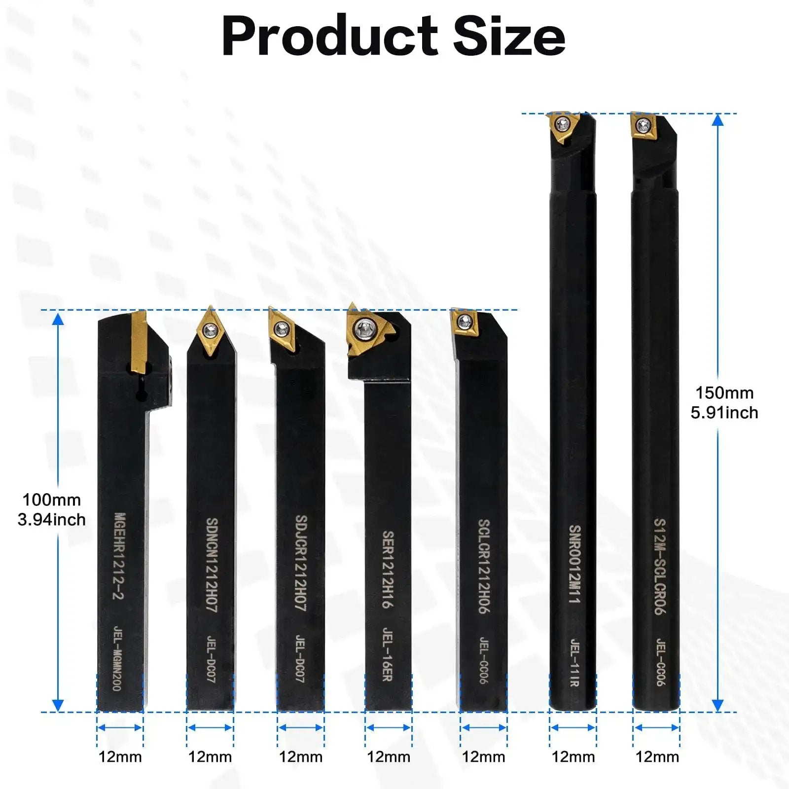 21 Piece Lathe Tool Kit With Indexable Carbide Turning Tools For Turning Grooving Threading And Boring Half Inch And Twelve Millimeter Shank Includes Seven Tool Holders And Fourteen Carbide Inserts displayed in various sizes and measurements