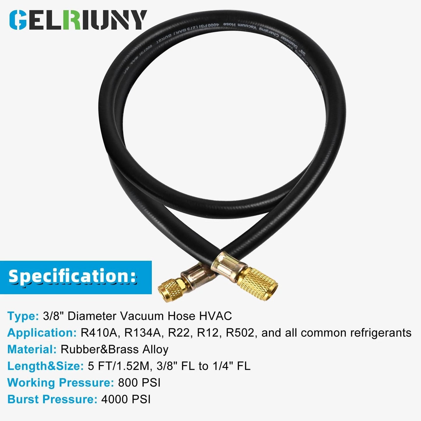 Upgraded Heavy Duty Vacuum Charging Hose Three Eighths To One Quarter Inch Fittings Five Feet Long 800 PSI Working Pressure 4000 PSI Burst Pressure Compatible With Most Refrigeration And Air Conditioning Equipment