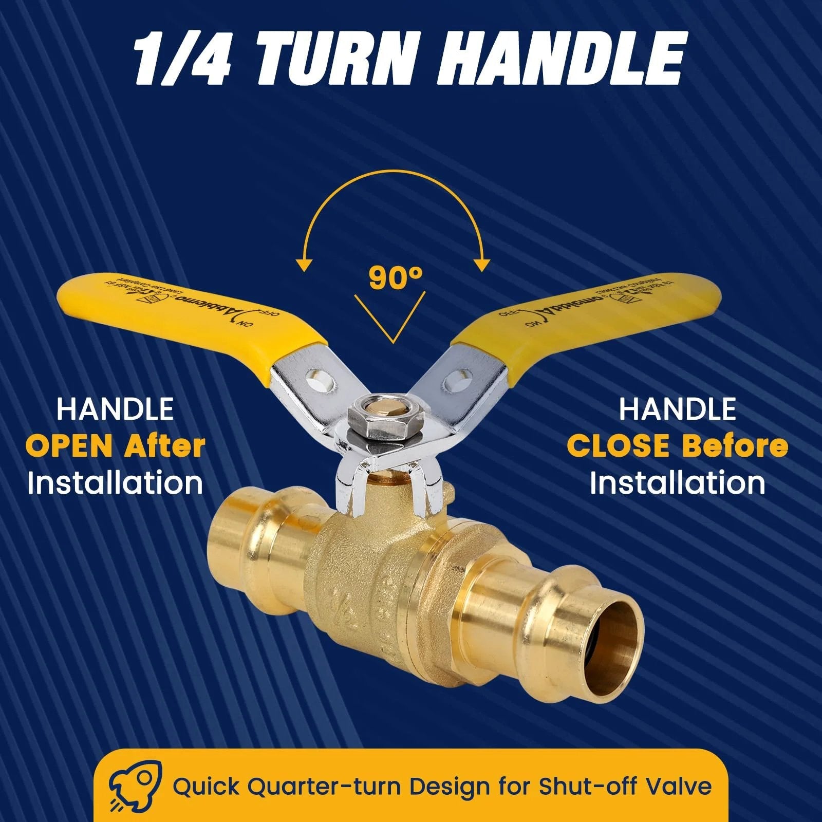 Image of Three Quarter Inch ProPress Ball Valve Kit With EPDM O Ring, showing 90-degree quarter-turn handle, brass design, 250 PSI rated pieces.