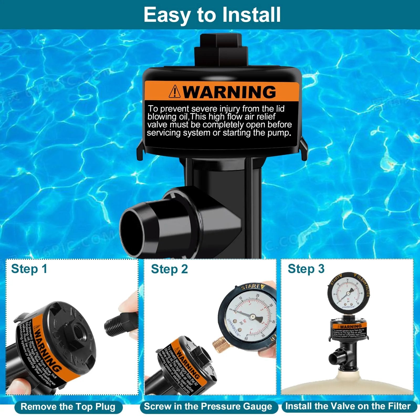 Installation steps for air relief valve with pool filter pressure gauge 60 Psi for quick air release and accurate pressure readings.