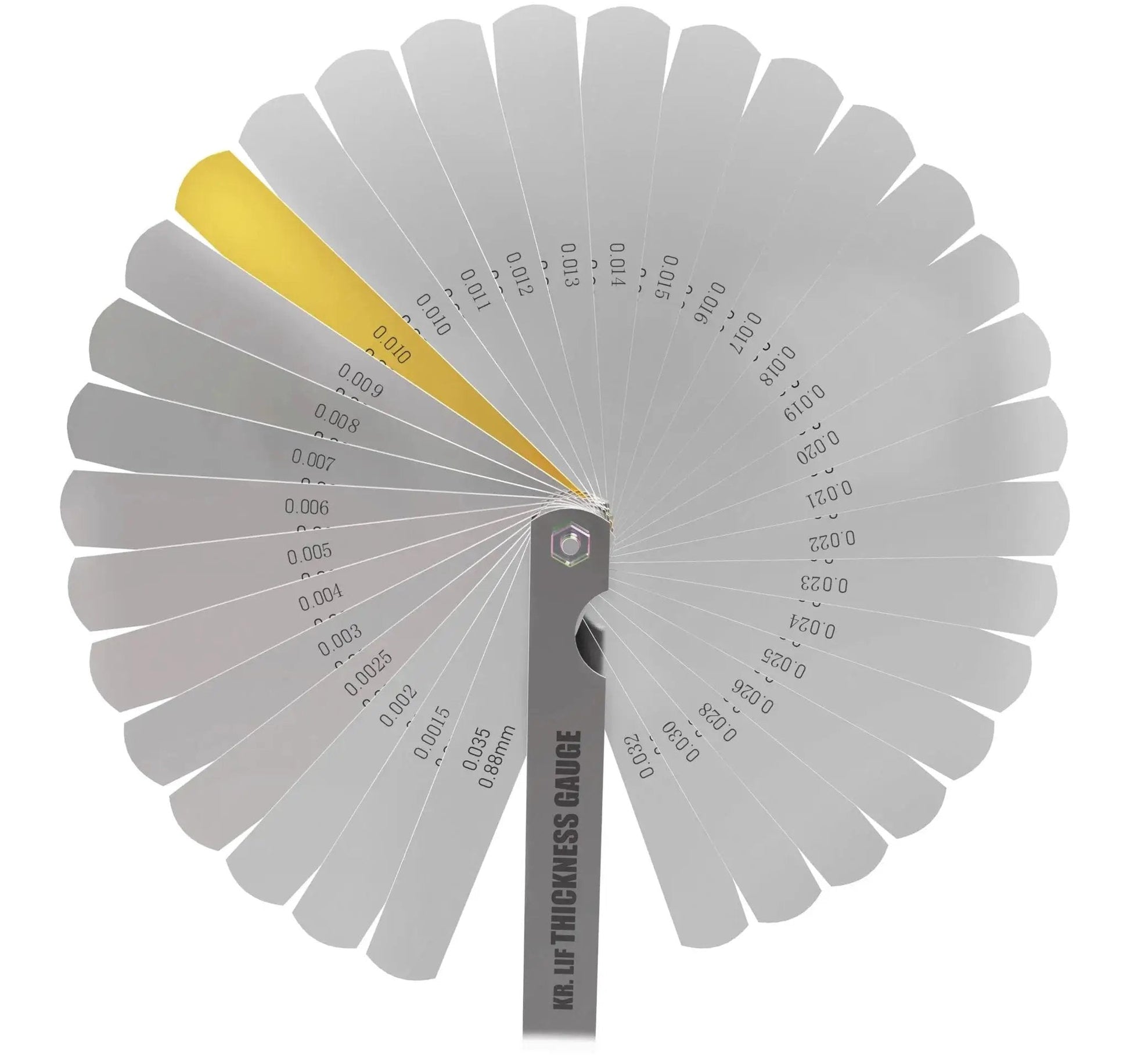 Stainless Steel Feeler Gauge Set For Spark Plugs With 32 Blades From 0.04 To 0.88 Mm Gap Tool Filler Gauge And Spark Plug Tester For Auto Repair Garage Use Professional Grade Auto Tool Kit For Precise Gapping And Easy In Shop Or At Home Use displayed in a fanned layout