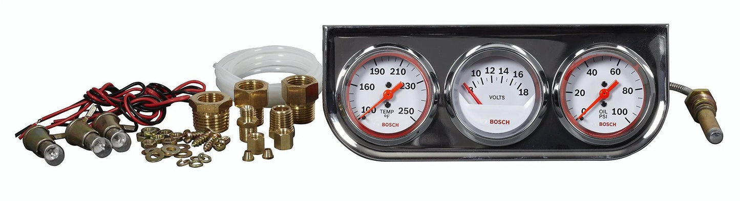 Style Line 2 Inch Triple Gauge Kit With White Dial And Chrome Bezel Includes Oil Temperature And Water Temperature Gauges Electrical Voltmeter Mechanical Oil Pressure 72 Inch High Temperature Nylon Tubing 1/8 And 1/4 NPT Fittings Mounting Hardware showing gauges and fittings.