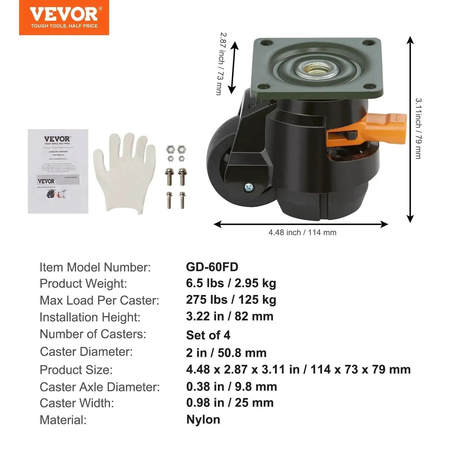 Leveling Casters Set Of 4 With Height Adjustable Handles, Heavy Duty 360 Degree Swivel Wheels, 2 Inch Diameter, 1100 Lb Total Load Capacity, Adjustable Feet For Workbenches And Machines, Smooth Rubber Pads For Stable Rides. Features product specifications.
