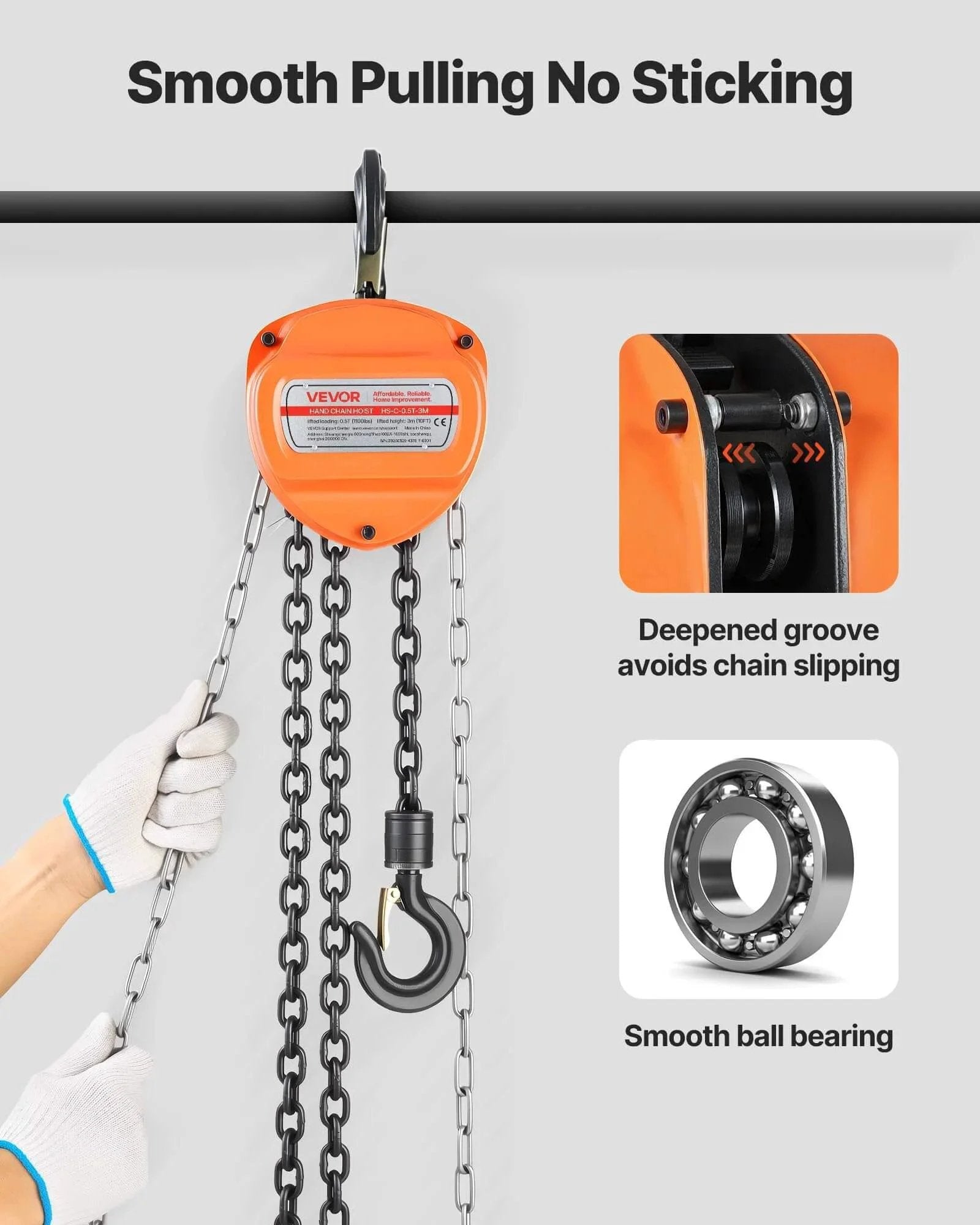 Close-up of Hand Chain Hoist 1100 Lb Capacity Half Ton With 10 Ft Lift Galvanized G80 Chain, showing smooth pulling mechanism.
