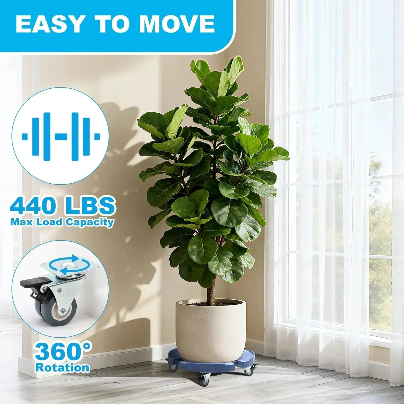 Adjustable Plant Caddy With Wheels For 15 To 19 Inch Round Bases Heavy Duty 440 Lbs Drum Cart With Locking Rollers, in blue.