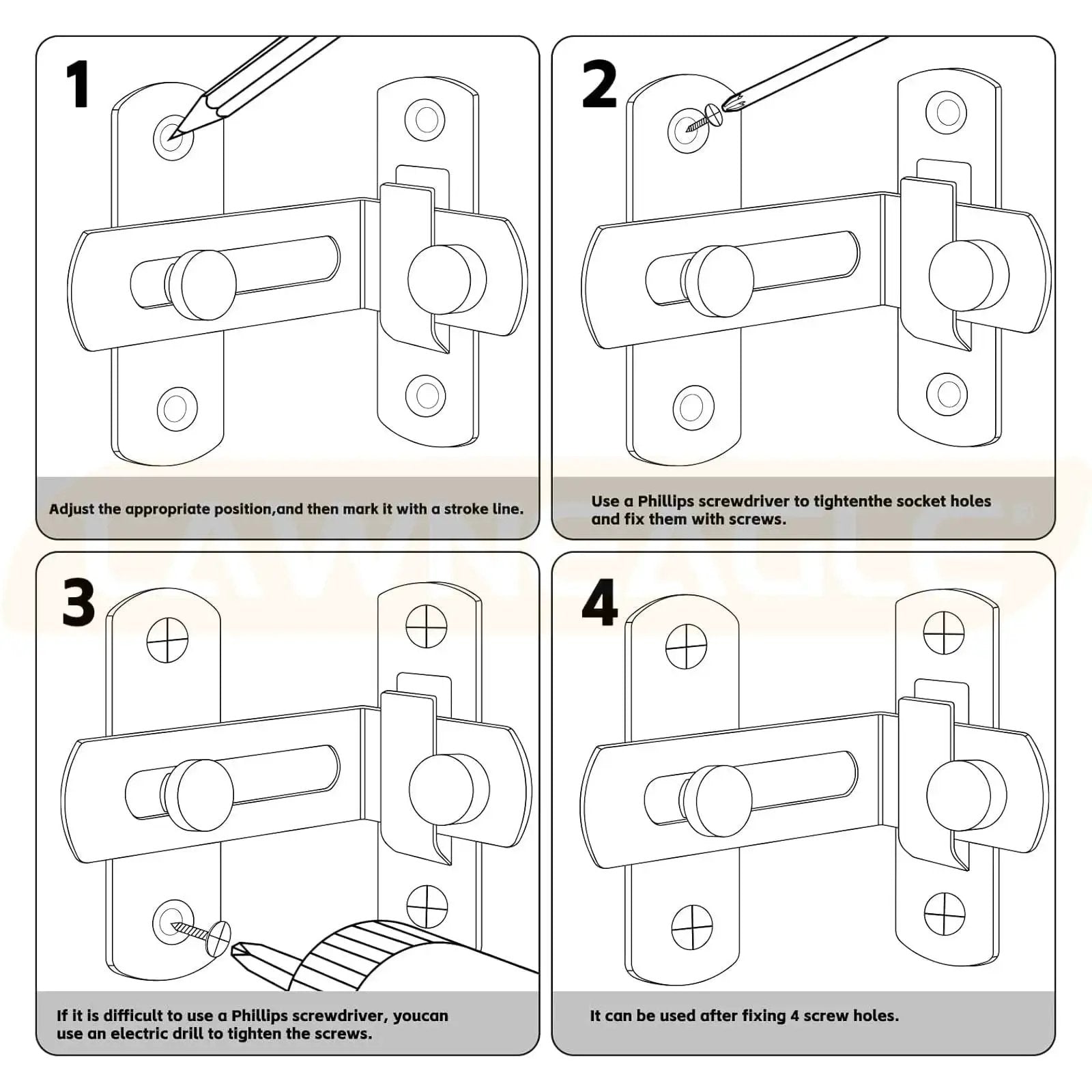 Installation diagram for 2 Pack 90 Degree Flip Sliding Barn Door Lock For Barn Doors And Cabinets, Privacy And Security Lock.