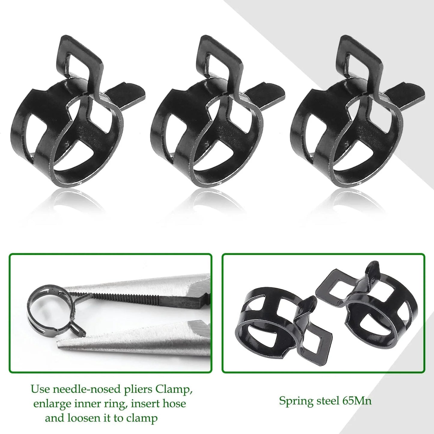 Three black spring band hose clamps with instructions for use, part of 40 Pack Spring Band Hose Clamps Kit One Quarter Inch ID 6mm Band Clamp.