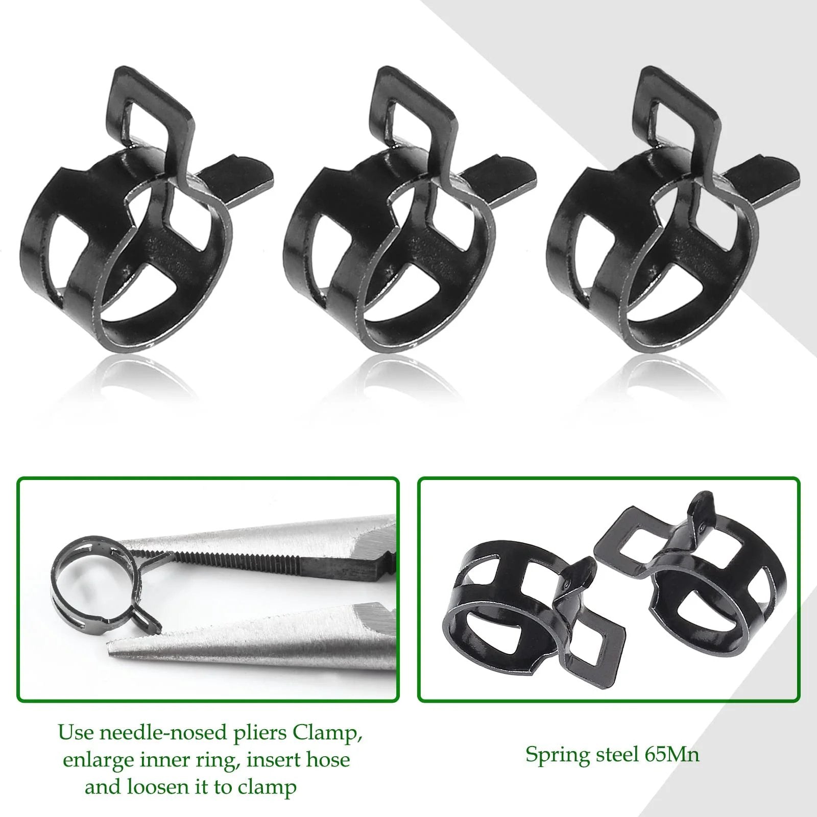 Three black spring band hose clamps with instructions for use, part of 40 Pack Spring Band Hose Clamps Kit One Quarter Inch ID 6mm Band Clamp.