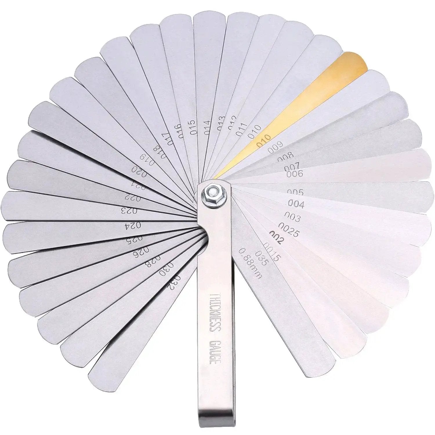 32 Stainless Steel Blades Feeler Gauge Dual Marked Metric And Imperial Gap Gauge for precise clearance checks, fanned out