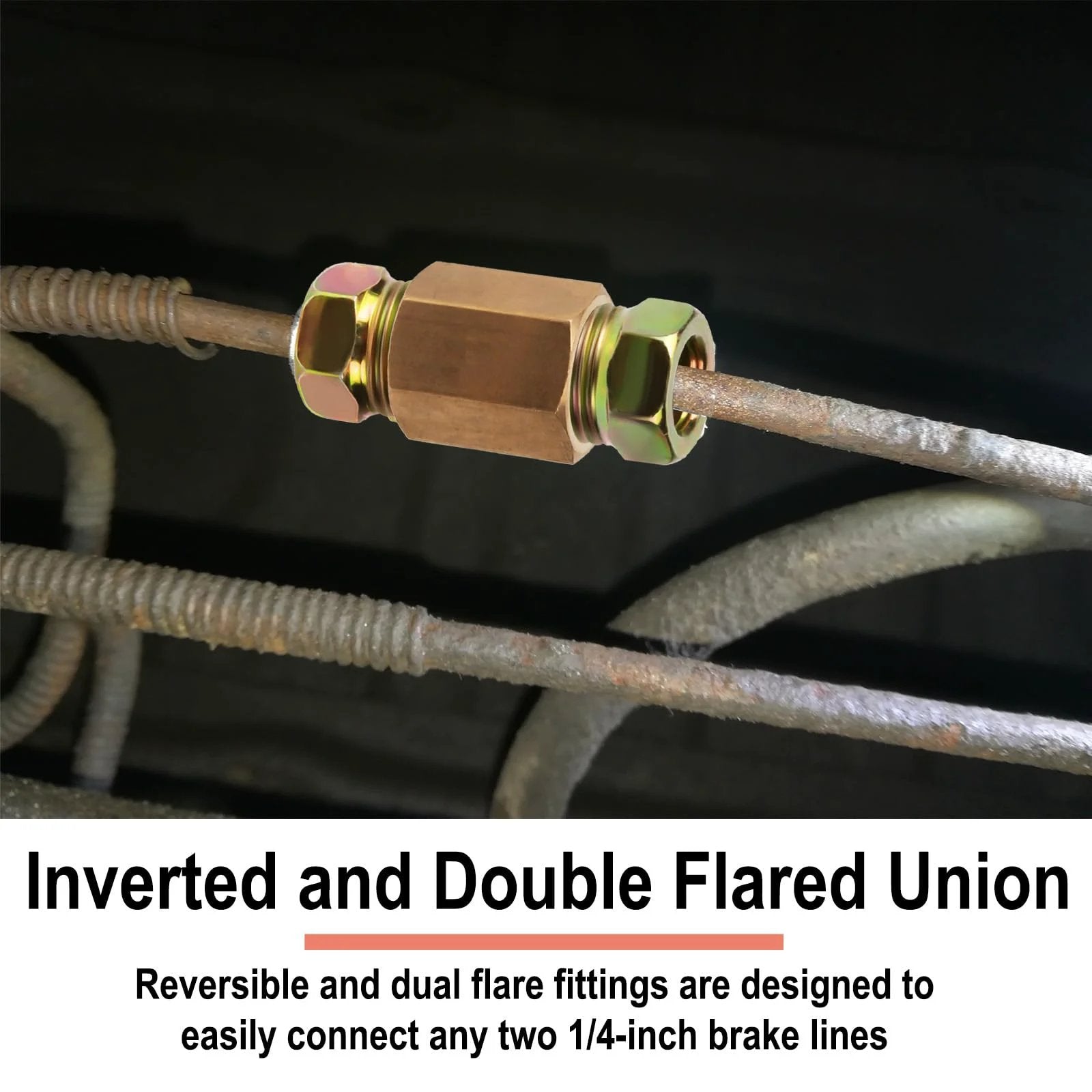 Brass Brake Line Fittings Kit for One Quarter Inch Tubing With Seven Sixteenths Inch Twenty Four Threads Twelve Piece Assortment Including Four Unions And Eight Nuts Pro Grade Rust Resistant High Quality Auto DIY Essential For Brake Line Installations installed view
