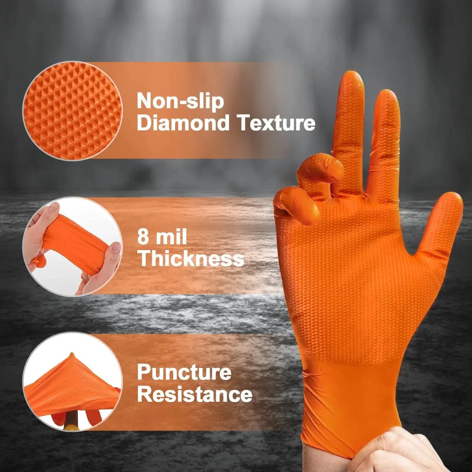 Heavy Duty Nitrile Disposable Gloves 8 Mil Orange Diamond Texture Grip showcasing non-slip design and thickness.