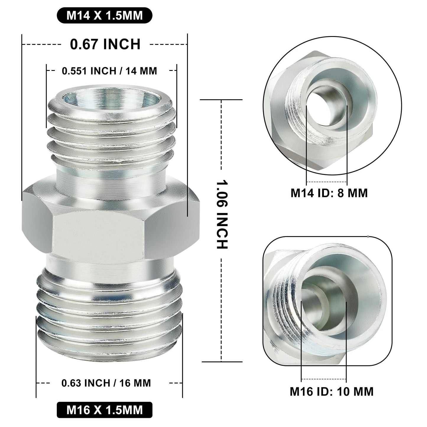 M14 To M16 Hydraulic Adapter Fittings 4 Pack For Mini Excavator Hose Connections With DIN Style BSP Threads, side view
