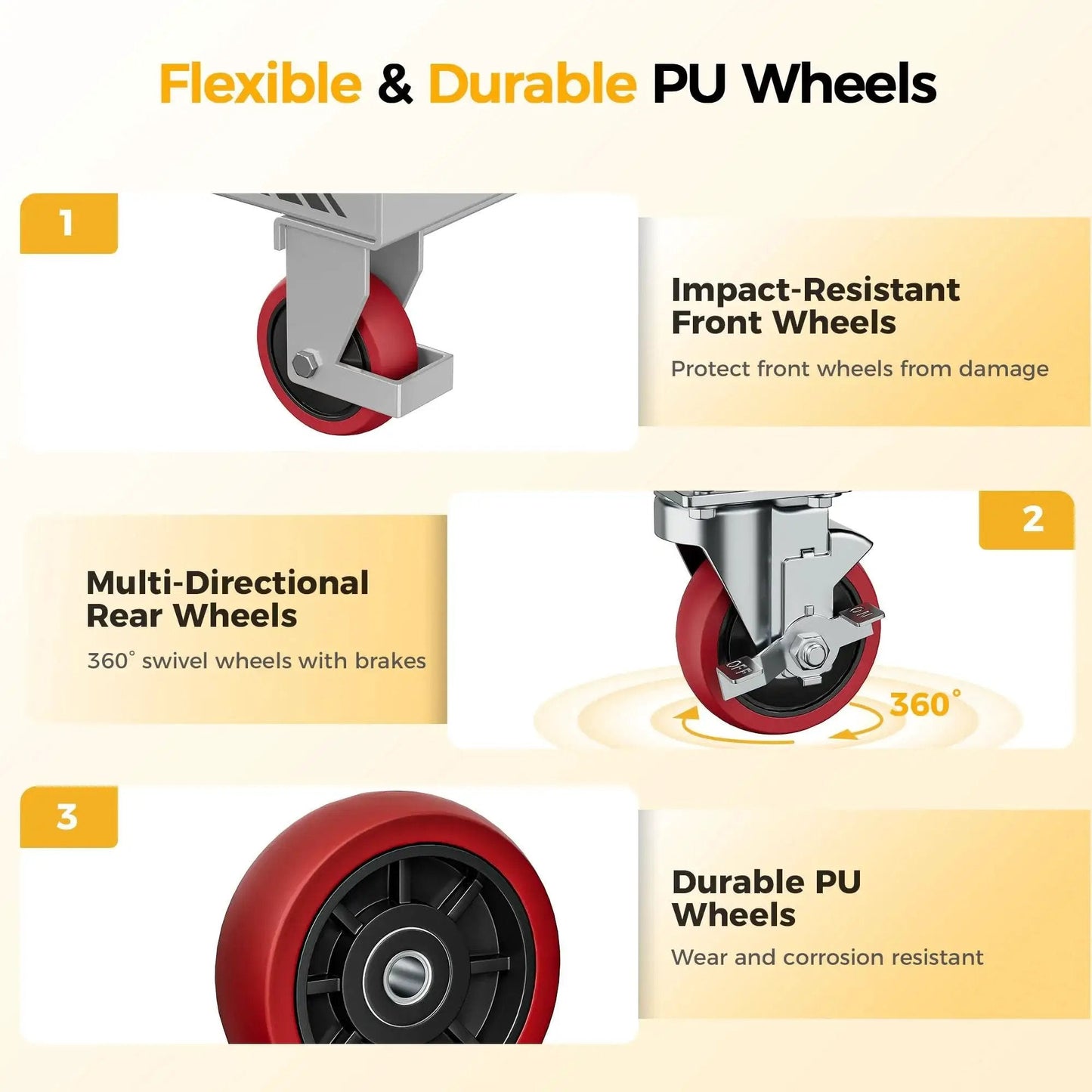 Diagram showing wheels of Hydraulic Lift Table Cart 500 Lb 28.5 Inch Lift Foldable Handle Safety Guard, with impact-resistant front, multi-directional rear, and durable PU design.