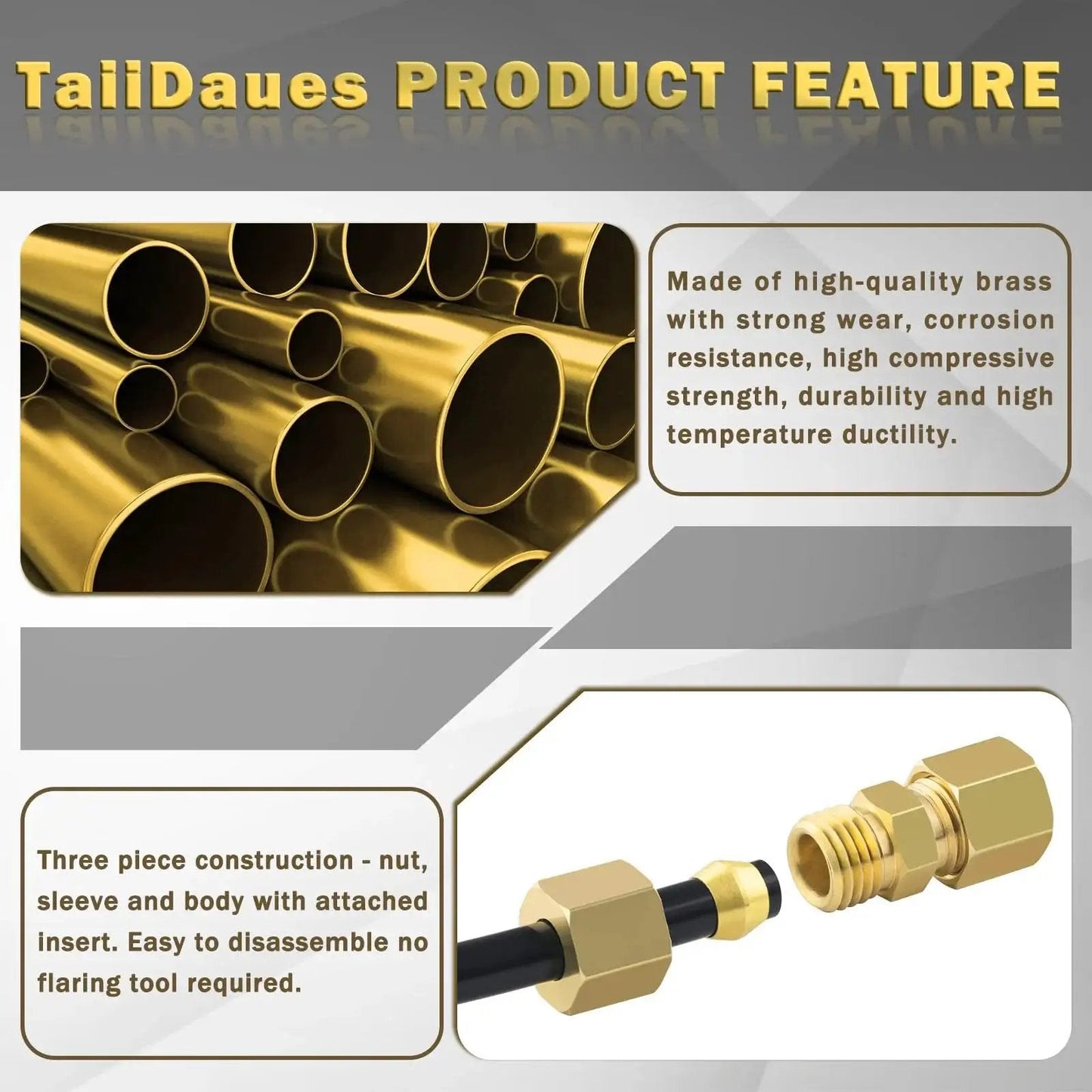 Brass compression tube fittings kit featuring three-piece construction and corrosion resistance by Taiidaues.